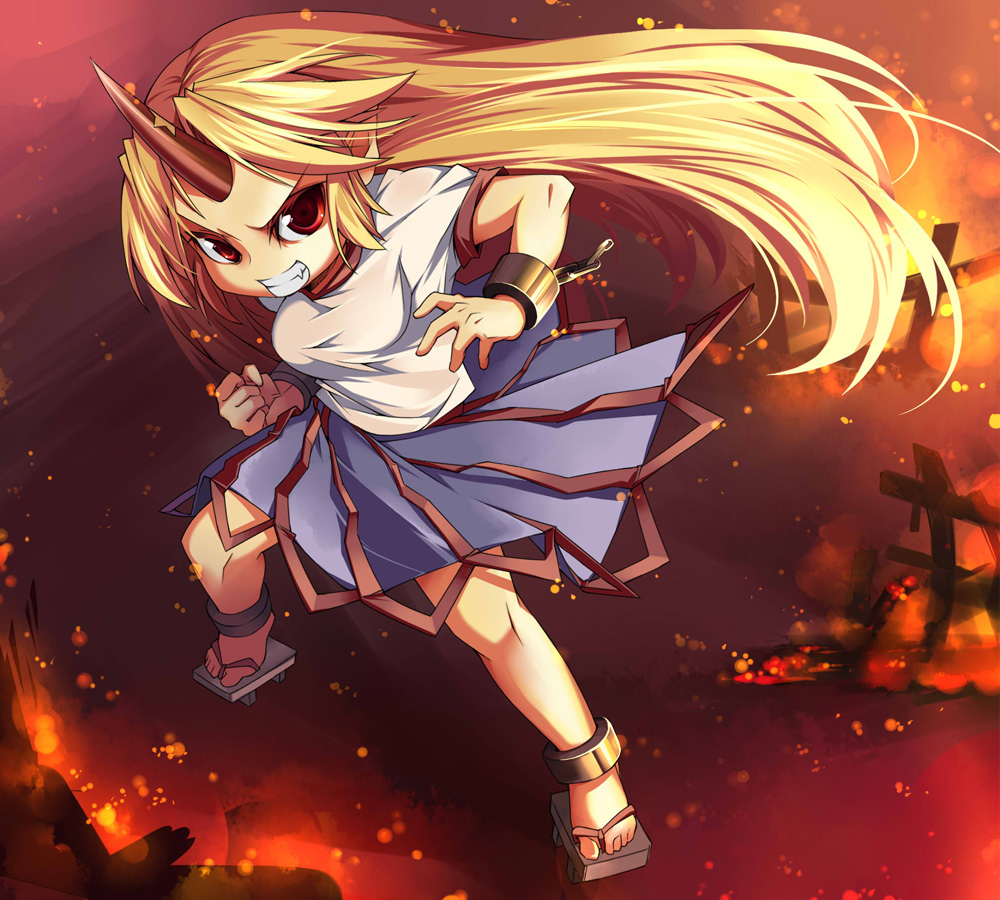 beihan, kokka han, hoshiguma yuugi, touhou, 1girl, angry, blonde hair, female focus, horns, long hair, red eyes, single horn, solo