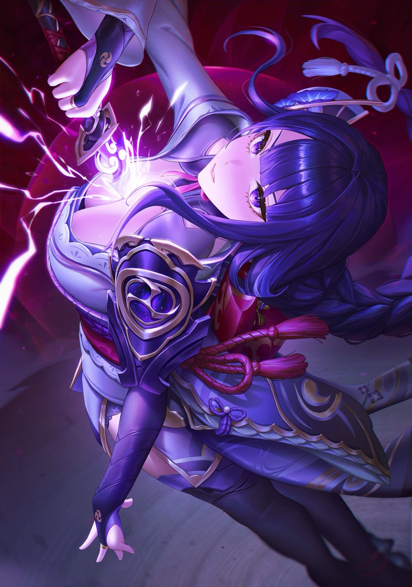 artofkuzu, raiden shogun, genshin impact, highres, 1girl, blue eyes, blue hair, blurry, blurry background, braid, breasts, cleavage, from behind, glowing, headband, holding, holding sword, holding weapon, large breasts, long hair, looking at viewer, looking back, solo, sword, weapon