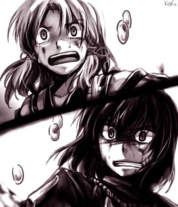 re ghotion, moriya suwako, yasaka kanako, touhou, bad id, 2girls, battle, blood, female focus, monochrome, multiple girls, purple theme, short hair, tears