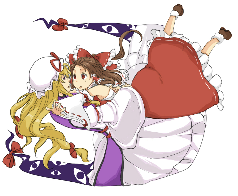 nugaa, hakurei reimu, yakumo yukari, touhou, 2girls, blonde hair, brown hair, detached sleeves, falling, female focus, gap (touhou), hat, hug, japanese clothes, long hair, miko, multiple girls, red eyes, ribbon, sarashi, surprised