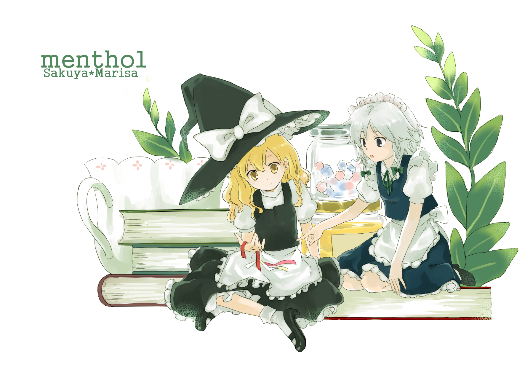 natsume (menthol), natsume (pixiv), izayoi sakuya, kirisame marisa, touhou, silver hair, bad id, bad pixiv id, highres, 2girls, blonde hair, blue eyes, book, braid, female focus, hair ribbon, hairband, hat, maid, multiple girls, plant, ribbon, short hair, twin braids, witch, witch hat, yellow eyes