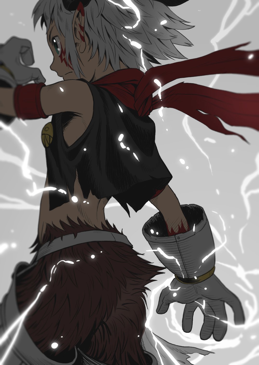 hada toshiya, aegiomon, digimon, highres, 1boy, animal legs, black vest, body fur, brown fur, digimon (creature), electricity, facial mark, from behind, gloves, grey background, horns, no shirt, pointy ears, red scarf, scarf, short hair, simple background, solo, vest, white gloves, white hair