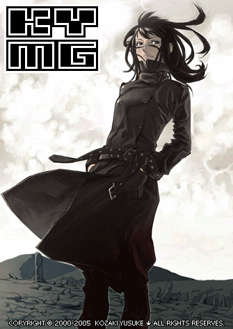 kozaki yuusuke, karasuma kyouko, karasuma kyouko no jikenbo, lowres, official art, 00s, 1girl, 2005, belt, black eyes, black hair, coat, female focus, floating hair, long hair, solo, trench coat, watermark, wind