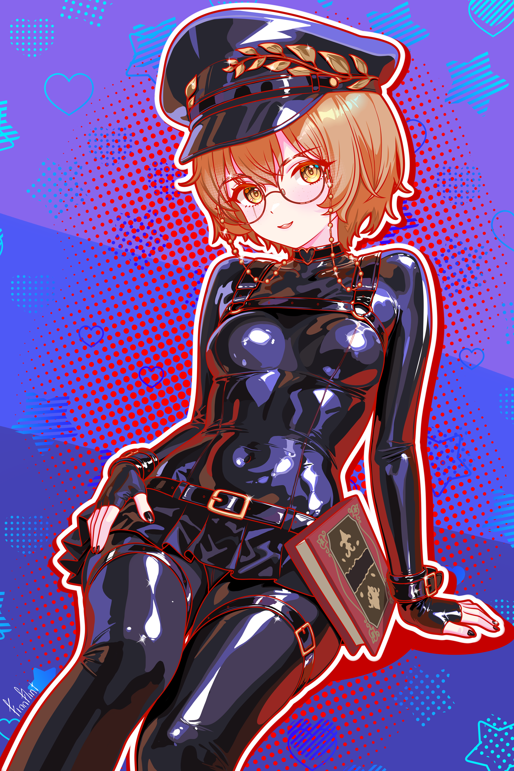 finn flint, clio aite, phase connect, absurdres, commission, highres, 1girl, abstract background, belt, black bodysuit, black nails, bodysuit, book, breasts, brown eyes, brown hair, fingerless gloves, glasses, gloves, latex, latex bodysuit, microskirt, open mouth, round eyewear, shiny clothes, short hair, skirt, small breasts, smile, virtual youtuber