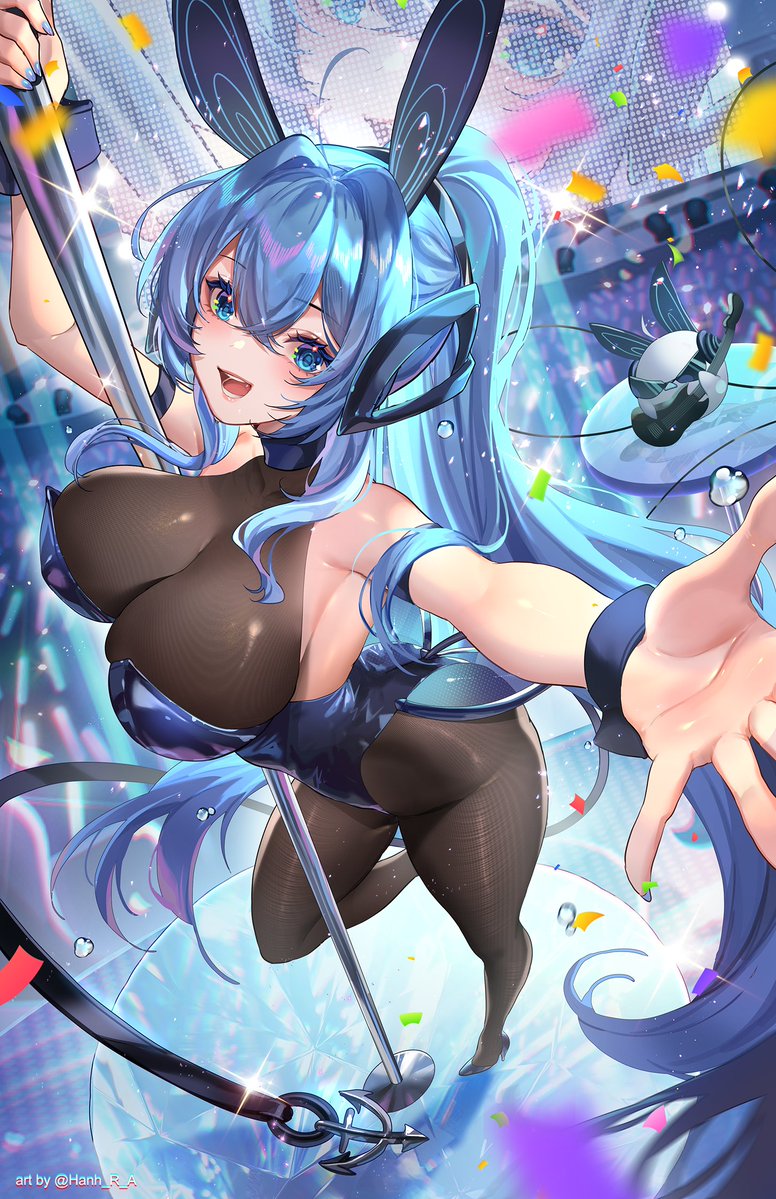 hanh chu, new jersey (azur lane), new jersey (exhilarating steps!) (azur lane), azur lane, 1girl, animal ears, black leotard, black pantyhose, blue eyes, blue hair, bodystocking, breasts, cleavage, fake animal ears, large breasts, leotard, long hair, looking at viewer, official alternate costume, pantyhose, playboy bunny, pole, pole dancing, rabbit ears, see-through cleavage, see-through clothes, solo, stripper pole, very long hair