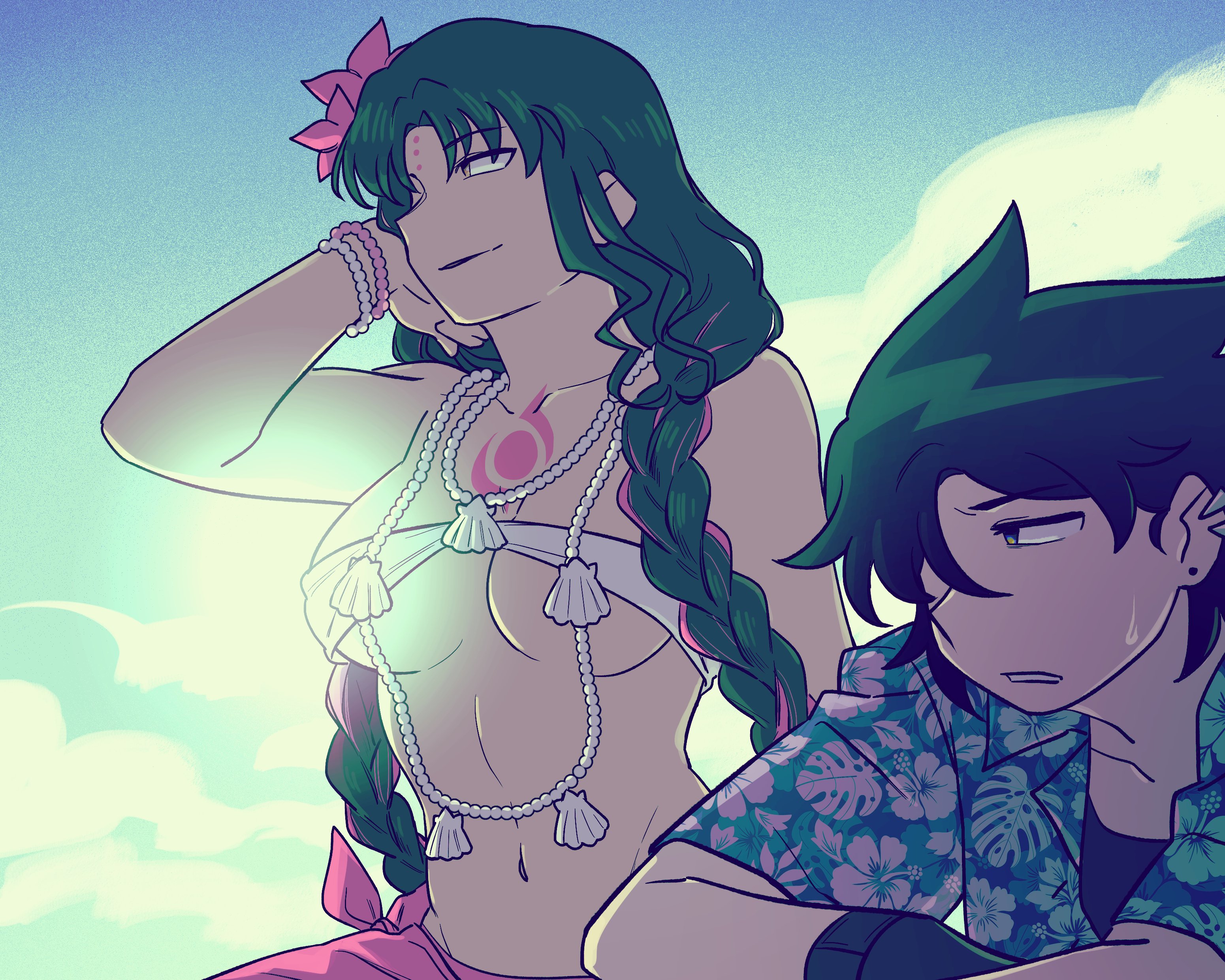 okinobus, sessyoin kiara, sessyoin kiara (swimsuit mooncancer) (first ascension), fate/grand order, fate (series), original, absurdres, highres, 2girls, bead necklace, beads, bikini, braid, breasts, chest tattoo, ear piercing, earrings, facial mark, film grain, forehead mark, hand in own hair, jewelry, large breasts, low twin braids, micro bikini, multiple girls, navel, necklace, piercing, reverse trap, stud earrings, sweatdrop, swimsuit, tattoo, twin braids