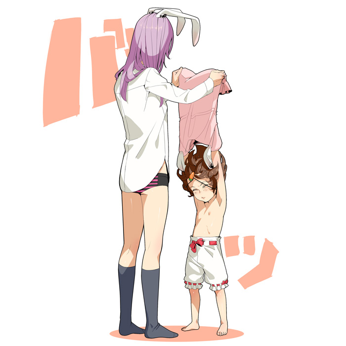 fugi jis, inaba tewi, reisen udongein inaba, touhou, 2girls, age difference, animal ears, armpits, arms up, barefoot, bloomers, bottomless, brown hair, carrot, female focus, flat chest, loli, multiple girls, no pants, onee-loli, panties, purple hair, rabbit ears, ribbon, socks, topless female, underwear, underwear only, undressing, white bloomers, yuri