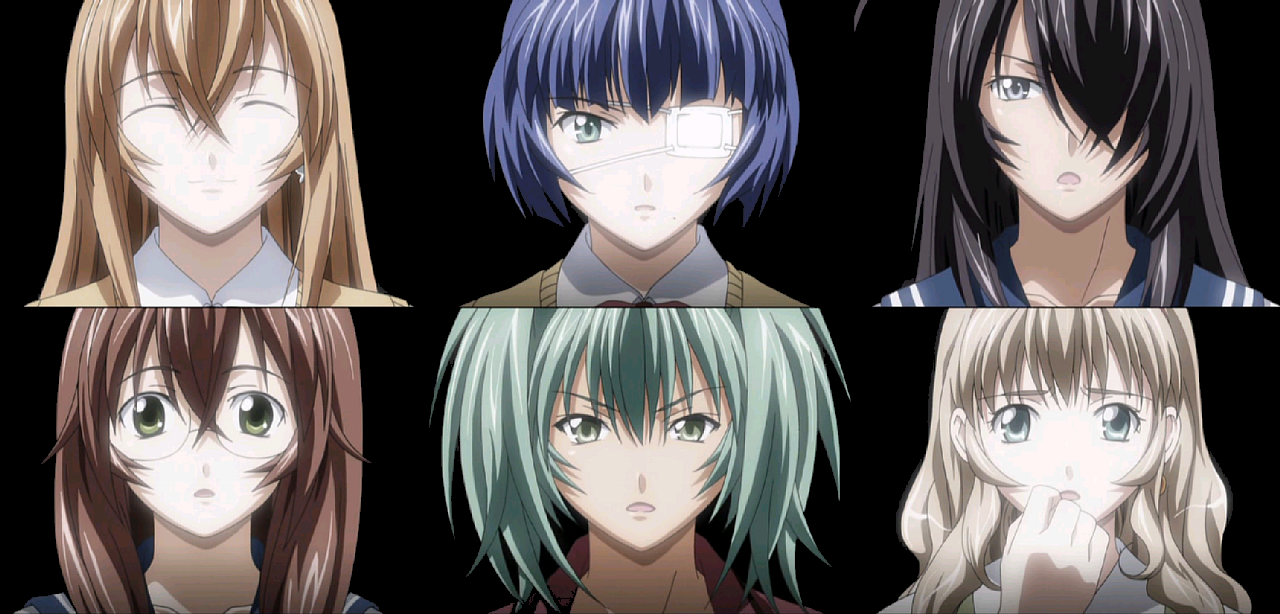 kan'u unchou, ryofu housen, ryomou shimei, ryuubi gentoku, sonken chuubou, sonsaku hakufu, ikkitousen, silver hair, anime screenshot, 00s, 6+girls, :o, ^ ^, ahoge, black hair, blue eyes, blue hair, bob cut, brown hair, close-up, closed eyes, covering own mouth, earrings, everyone, eyepatch, glasses, green eyes, green hair, hand over own mouth, jewelry, lineup, long hair, magatama, mole, multiple girls, open mouth, orange hair, school uniform, serafuku, short hair, short twintails, simple background, smile, surprised, sweater vest, twintails