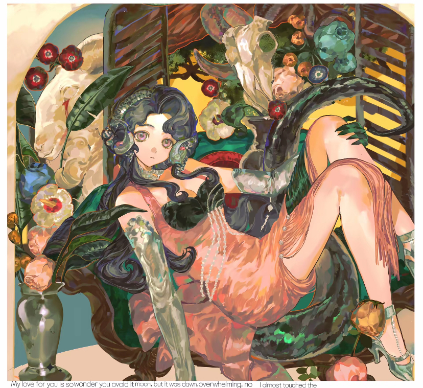 anjo nala, reverse:1999, 1girl, animal skull, bare shoulders, black hair, breasts, choker, cleavage, closed mouth, curled horns, dress, elbow gloves, erotica, flower, foot out of frame, from side, gloves, green tail, grey choker, grey gloves, grey horns, grey shoes, hand on own knee, high heels, horns, lizard tail, long dress, long hair, looking at viewer, low horns, medium breasts, pink dress, plant, purple eyes, red flower, shoes, side slit, sitting, sleeveless, sleeveless dress, solo, tail, vase