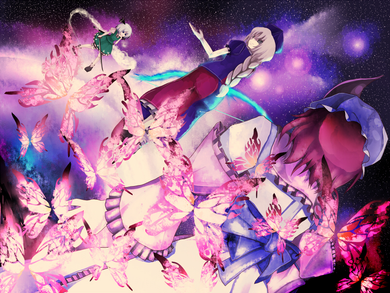 tokoroten (hmmuk), konpaku youmu, konpaku youmu (ghost), saigyouji yuyuko, yagokoro eirin, touhou, bad id, bad pixiv id, 3girls, bow (weapon), braid, bug, butterfly, dutch angle, female focus, from behind, hitodama, insect, katana, multiple girls, space, sword, weapon