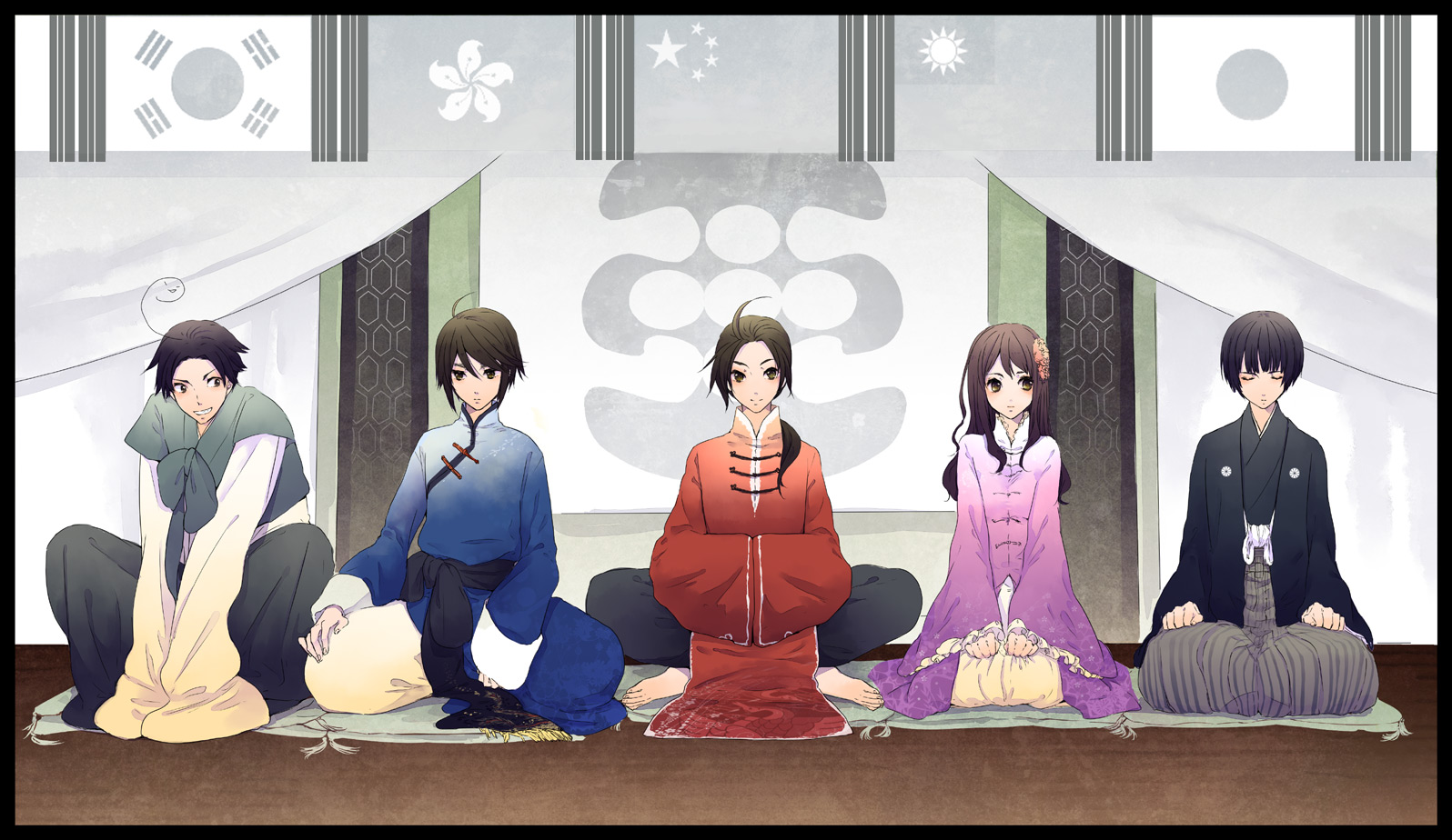 etomai, china (hetalia), hong kong (hetalia), japan (hetalia), korea (hetalia), taiwan (hetalia), axis powers hetalia, bad id, bad pixiv id, 00s, 1girl, 4boys, ahoge, barefoot, black hair, black haori, changpao, chinese clothes, feet, full body, hanbok, haori, japanese clothes, korean clothes, multiple boys, seiza, sitting
