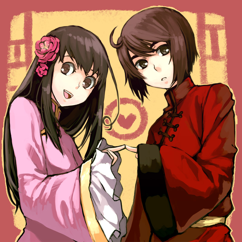 cezaria, hong kong (hetalia), taiwan (hetalia), axis powers hetalia, bad id, bad pixiv id, 00s, 1boy, 1girl, ahoge, brown eyes, brown hair, changpao, china dress, chinese clothes, dress, flower, heart, long hair, long sleeves, plum blossoms, short hair, sleeves past wrists