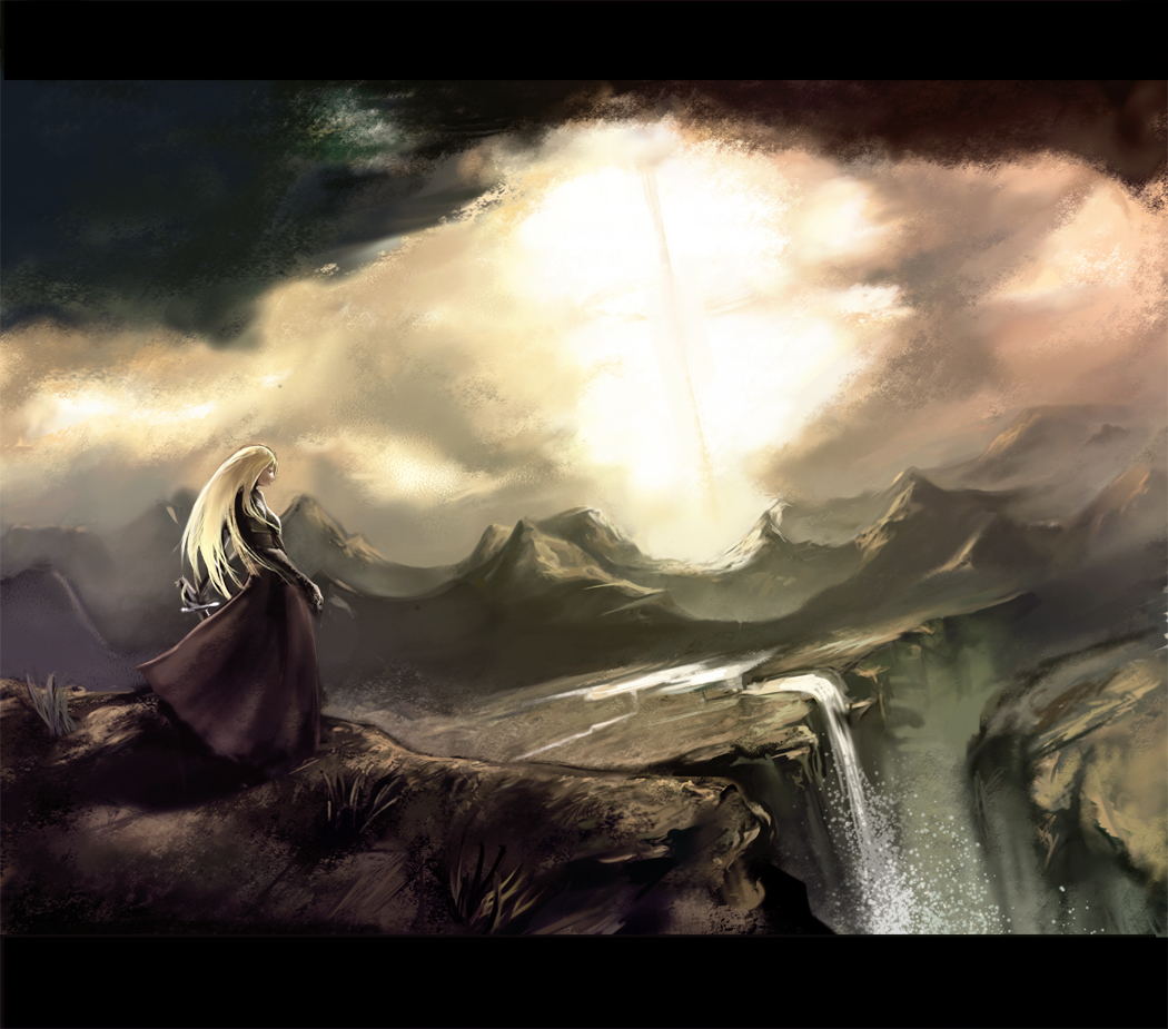 n.a., bad id, bad pixiv id, blonde hair, dress, elbow gloves, gloves, letterboxed, mountain, ravine, scenery, sky, solo, water, waterfall