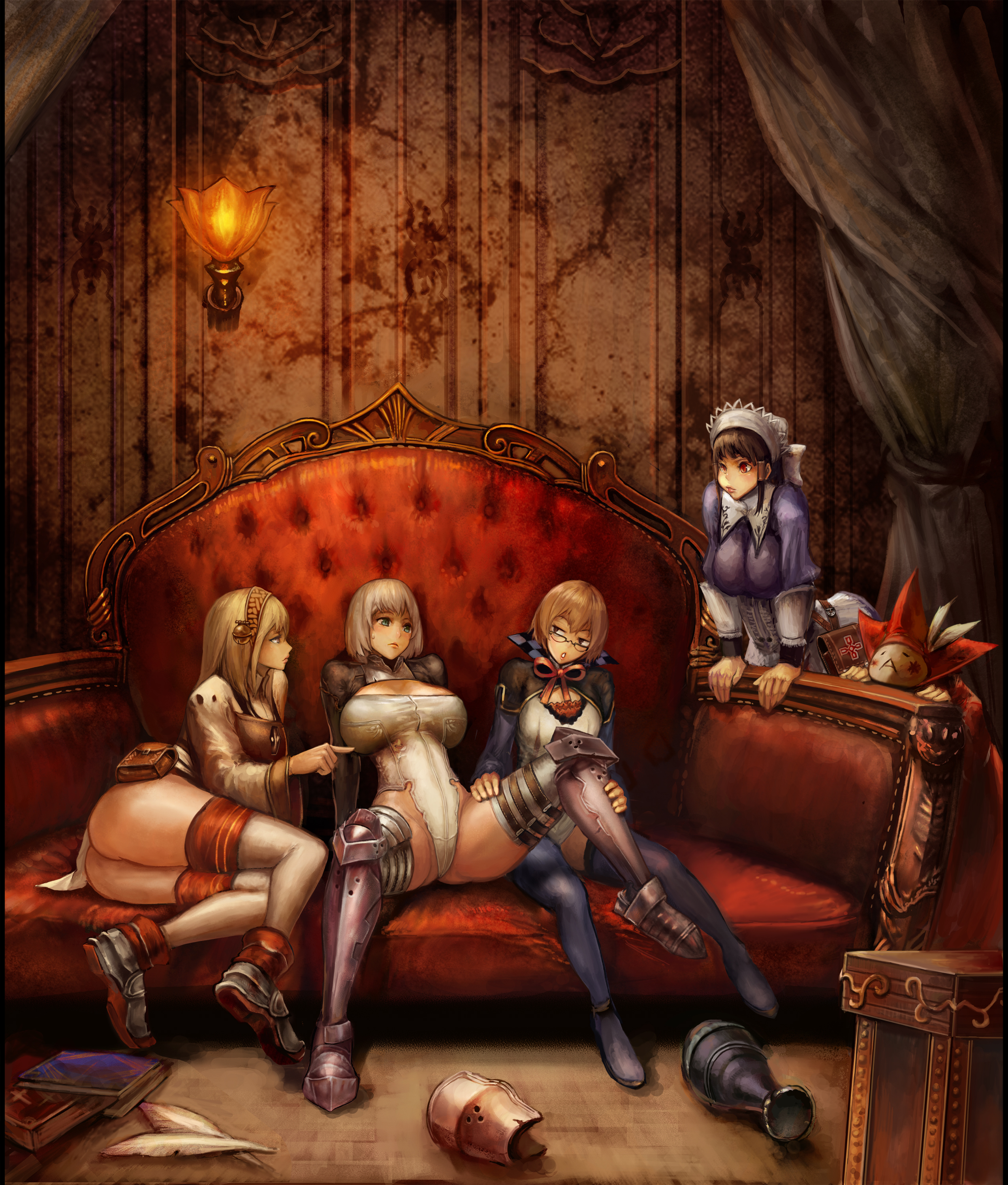 n.a., fantasy earth zero, absurdres, bad id, bad pixiv id, highres, 4girls, armor, ass, blonde hair, book, breasts, brown hair, couch, curtains, feathers, glasses, green eyes, huge breasts, lamp, large breasts, legs, maid, multiple girls, pouch, red eyes, red upholstery