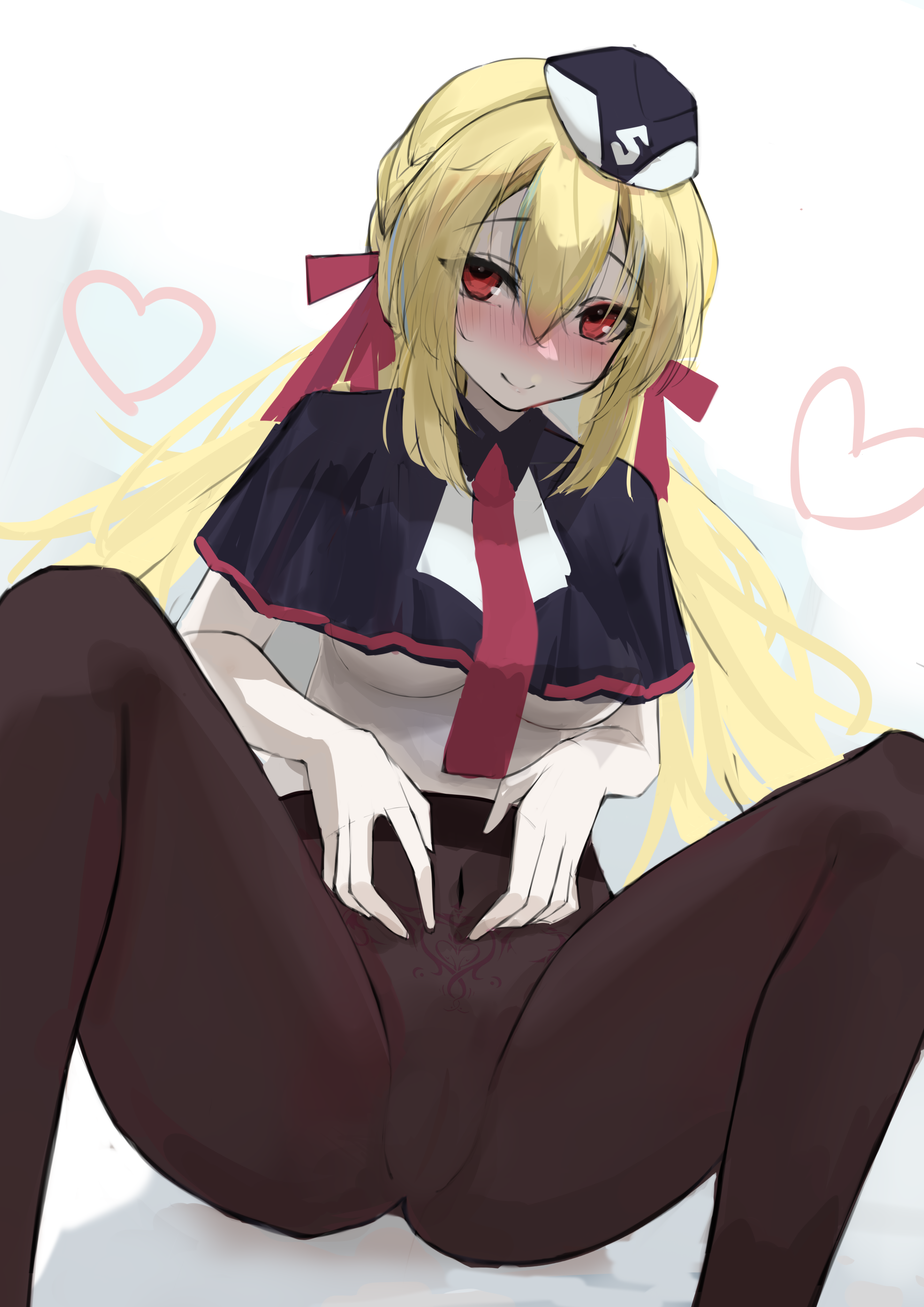 arihara nanami, riddle joker, absurdres, highres, 1girl, areola slip, blonde hair, blush, braid, breasts, hair between eyes, hands on own stomach, hat, knees up, legs apart, long hair, medium breasts, navel, no bra, on floor, pantyhose, pubic tattoo, red eyes, ribbon, side braid, sidelocks, simple background, smile, solo, tattoo, underboob, white background, ye he yue