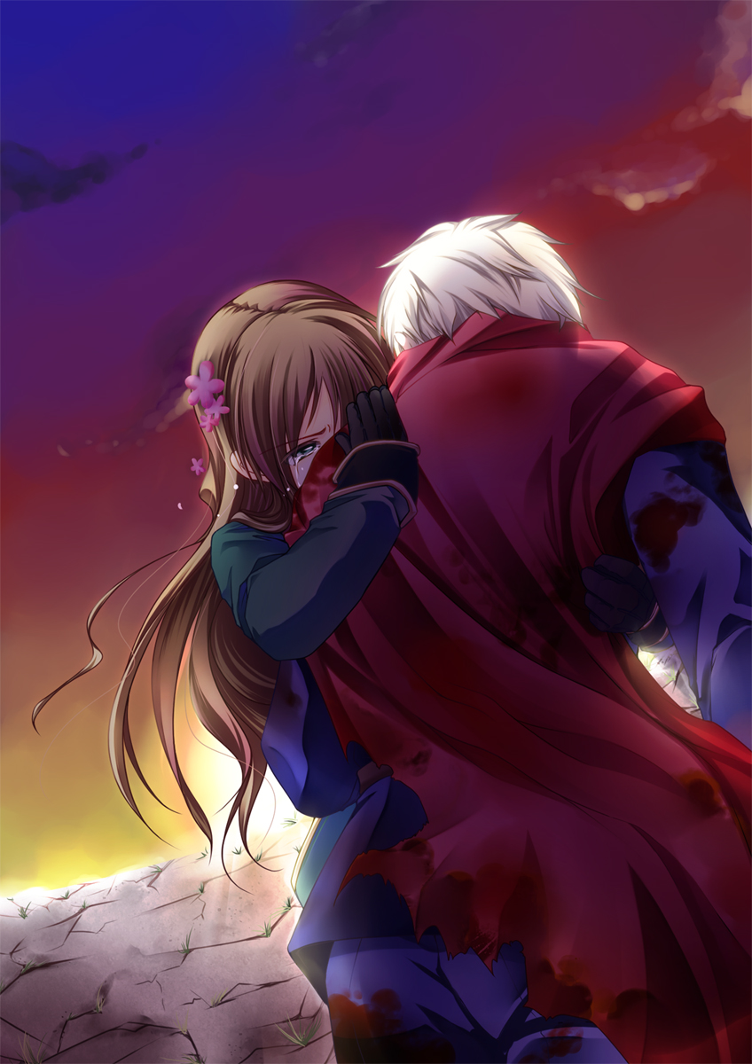 tokei, hungary (hetalia), prussia (hetalia), axis powers hetalia, bad id, bad pixiv id, highres, 00s, 1boy, 1girl, blood, brown hair, cape, flower, gloves, hair flower, hair ornament, hug, long hair, military, military uniform, sky, tears, white hair