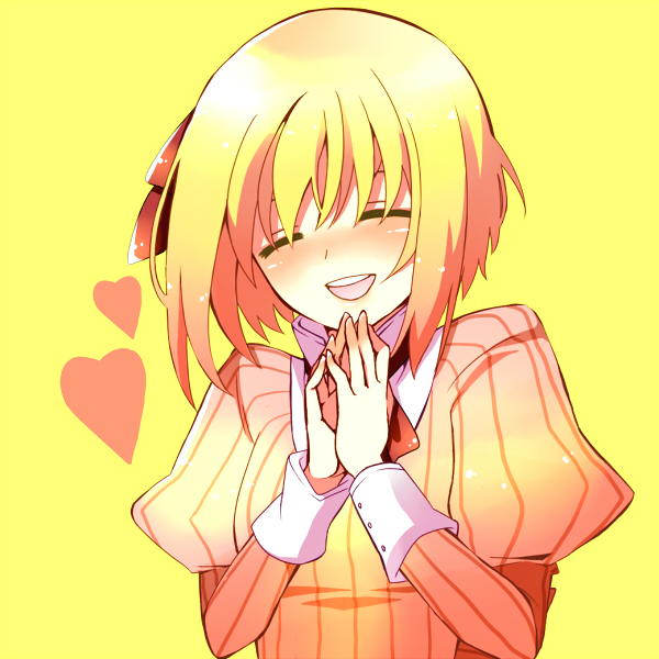 yun (pixiv), liechtenstein (hetalia), axis powers hetalia, striped, 00s, 1girl, blonde hair, blush, closed eyes, dress, female focus, green eyes, happy, heart, ribbon, short hair, simple background, smile, solo