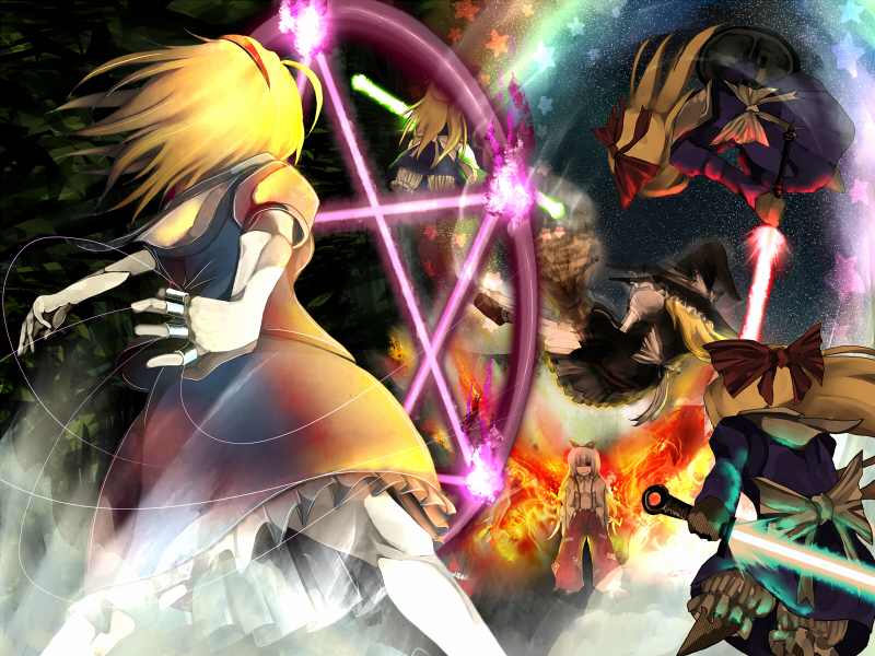 tokoroten (hmmuk), alice margatroid, fujiwara no mokou, hourai doll, kirisame marisa, shanghai doll, touhou, bad id, bad pixiv id, 3girls, battle, bird, blonde hair, danmaku, female focus, hairband, multiple girls, one eye closed, pentagram, phoenix, red eyes, sword, weapon, wink