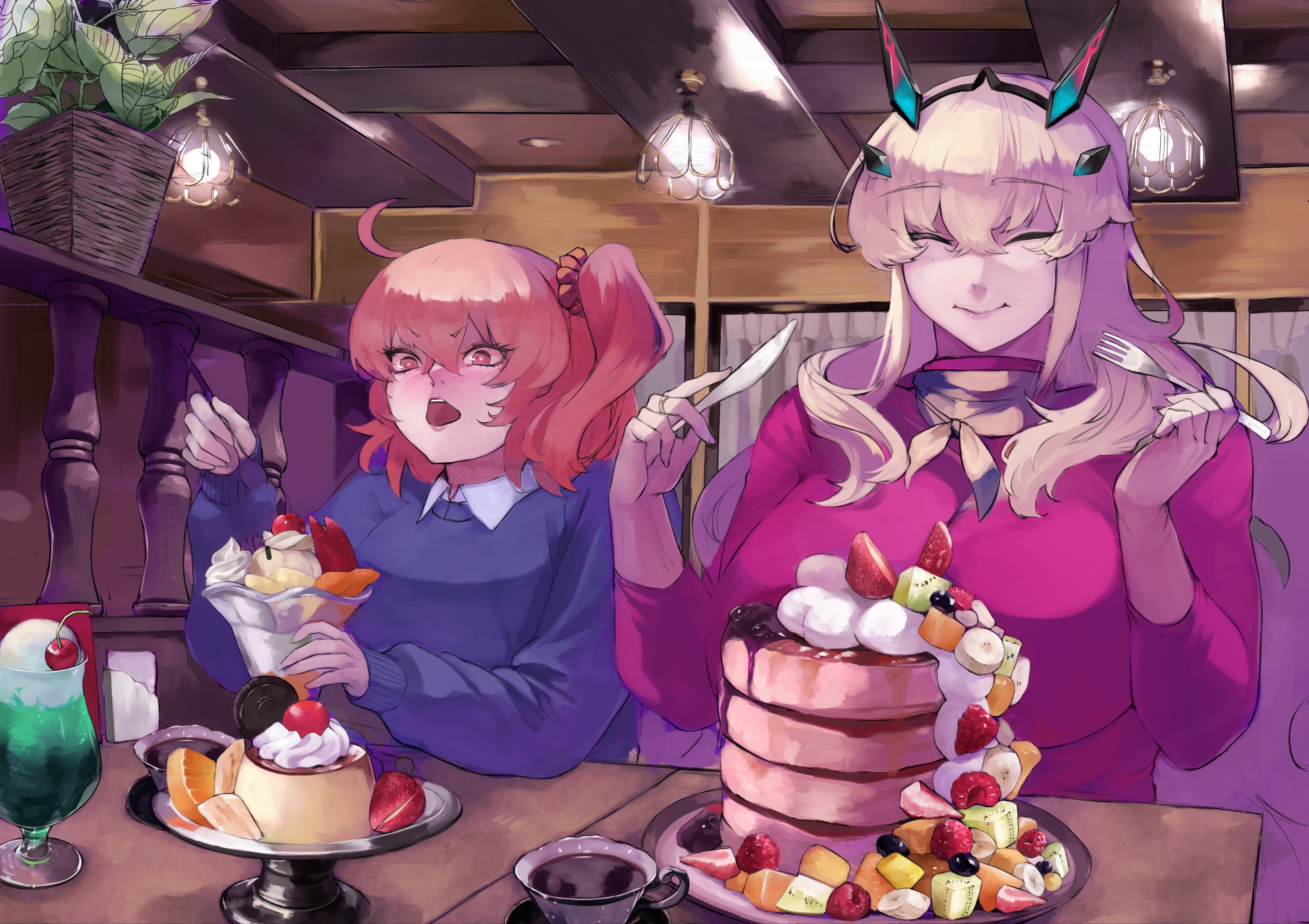 gumi (the eye of darkness), barghest (fate), fujimaru ritsuka (female), fate/grand order, fate (series), absurdres, highres, 2girls, ahoge, blonde hair, breasts, brown eyes, closed eyes, desert, food, fork, fruit, hair between eyes, holding, holding fork, holding knife, horns, huge breasts, knife, lips, long hair, multiple girls, open mouth, orange hair, pancake, pancake stack, parfait, plant, potted plant, side ponytail, smile, sweater, very long hair, whipped cream