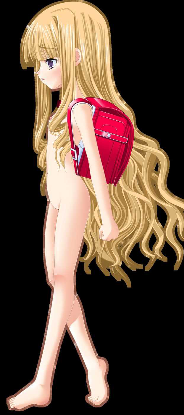 shiritsu sakuranbo shougakkou, sayaka (friends), friends (game), friends 2 ~child's fruit~, highres, backpack, bag, barefoot, blonde hair, flat chest, loli, long hair, nude, purple eyes, randoseru