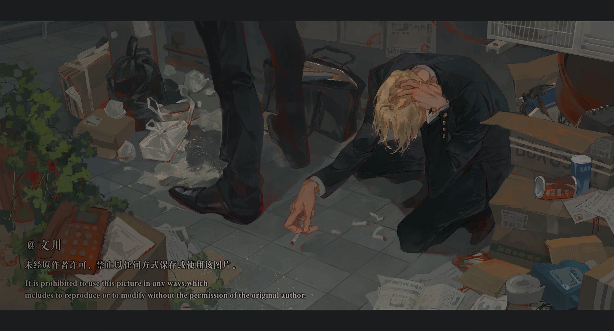 yoo joonghyuk, omniscient reader's viewpoint, commentary, english commentary, highres, 1boy, 1other, bag, blonde hair, box, bush, can, cardboard box, cheon inho, cigarette, drink can, from above, full body, hand on own head, head down, holding, holding cigarette, letterboxed, newspaper, nicayuko, on one knee, phone, plastic bag, short hair, standing, too many cigarettes, trash