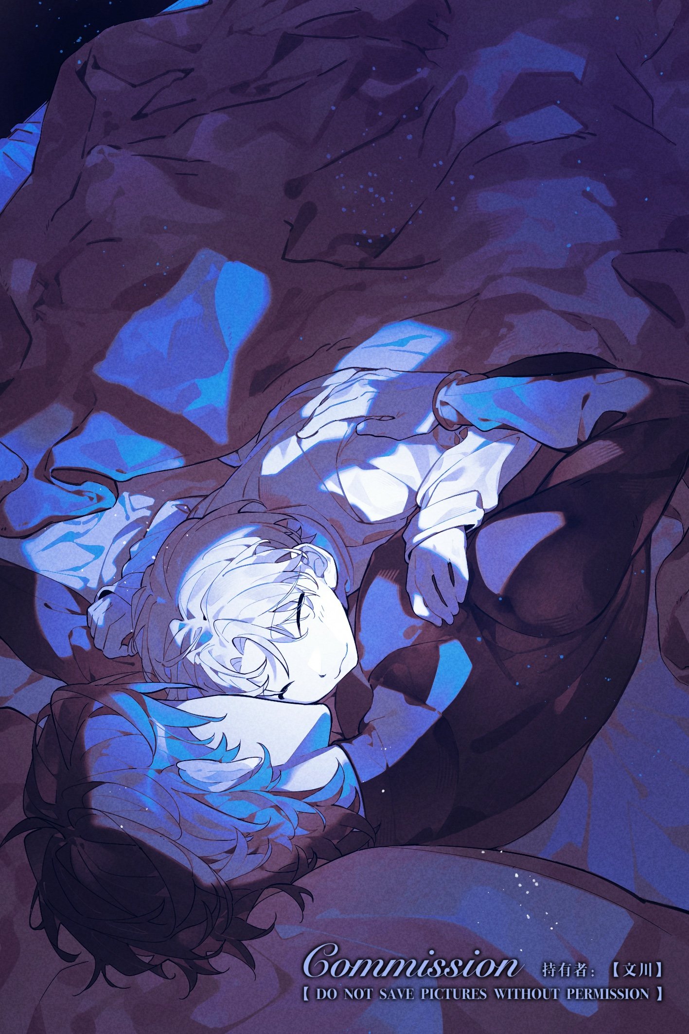 yoo joonghyuk, omniscient reader's viewpoint, commentary, english commentary, highres, 2boys, :3, black hair, black shirt, blonde hair, blue theme, boy on top, cheon inho, closed eyes, crew neck, dark, from above, full body, hand on another's back, hand on another's shoulder, head on pillow, hug, light particles, male focus, multiple boys, nicayuko, night, pillow, shirt, short hair, sleeping, under covers, white shirt, window light, yaoi