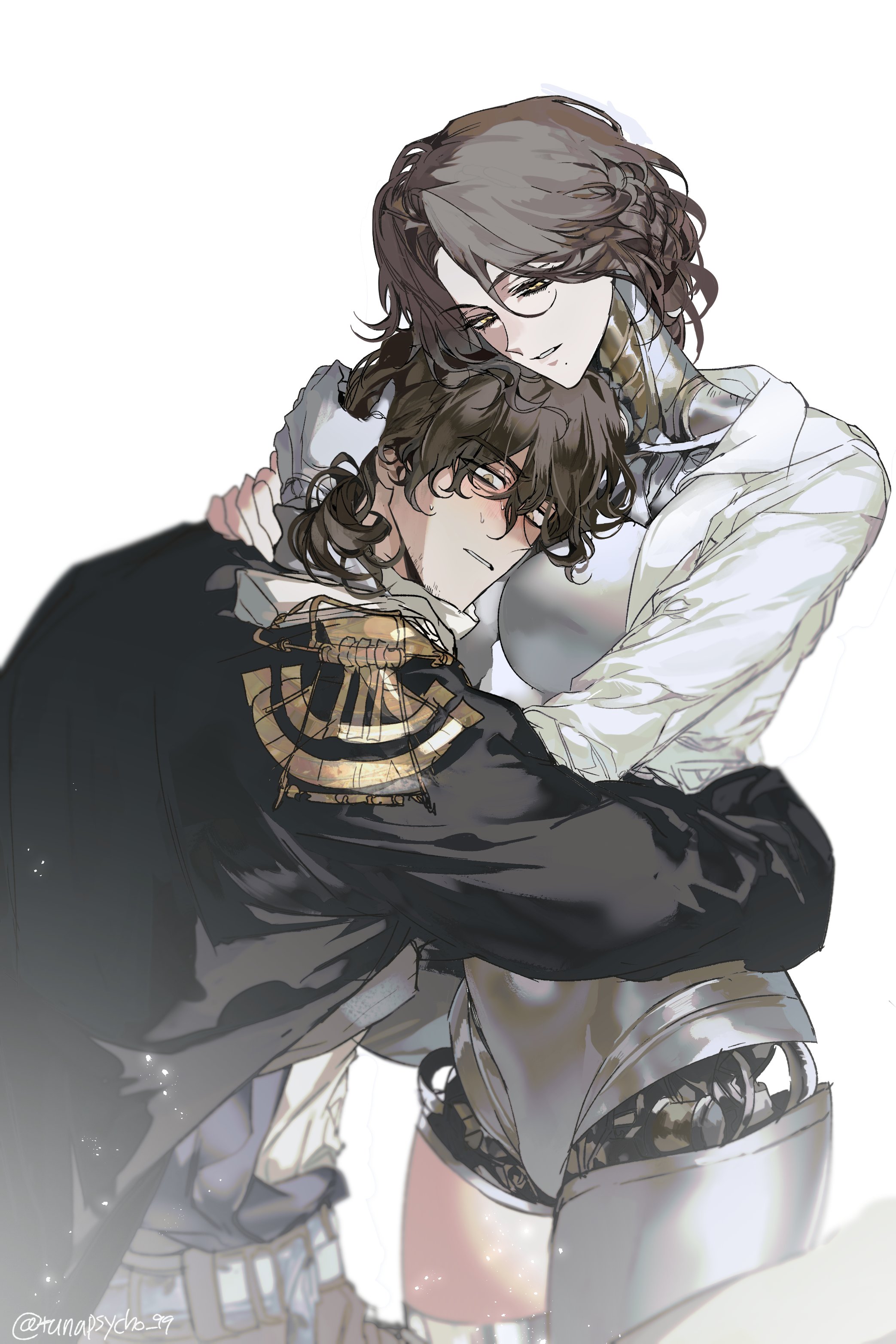 enigma (reverse:1999), lucy (reverse:1999), reverse:1999, absurdres, highres, 1boy, 1girl, android, arms around neck, arms around waist, black coat, black hair, breasts, brown hair, coat, grin, half-closed eyes, hand on own head, heads together, hug, joints, large breasts, metal skin, mole, mole under mouth, mutual hug, parted lips, robot girl, robot joints, shirt, short hair, smile, sweat, tunapsycho 99, upper body, white shirt, yellow eyes