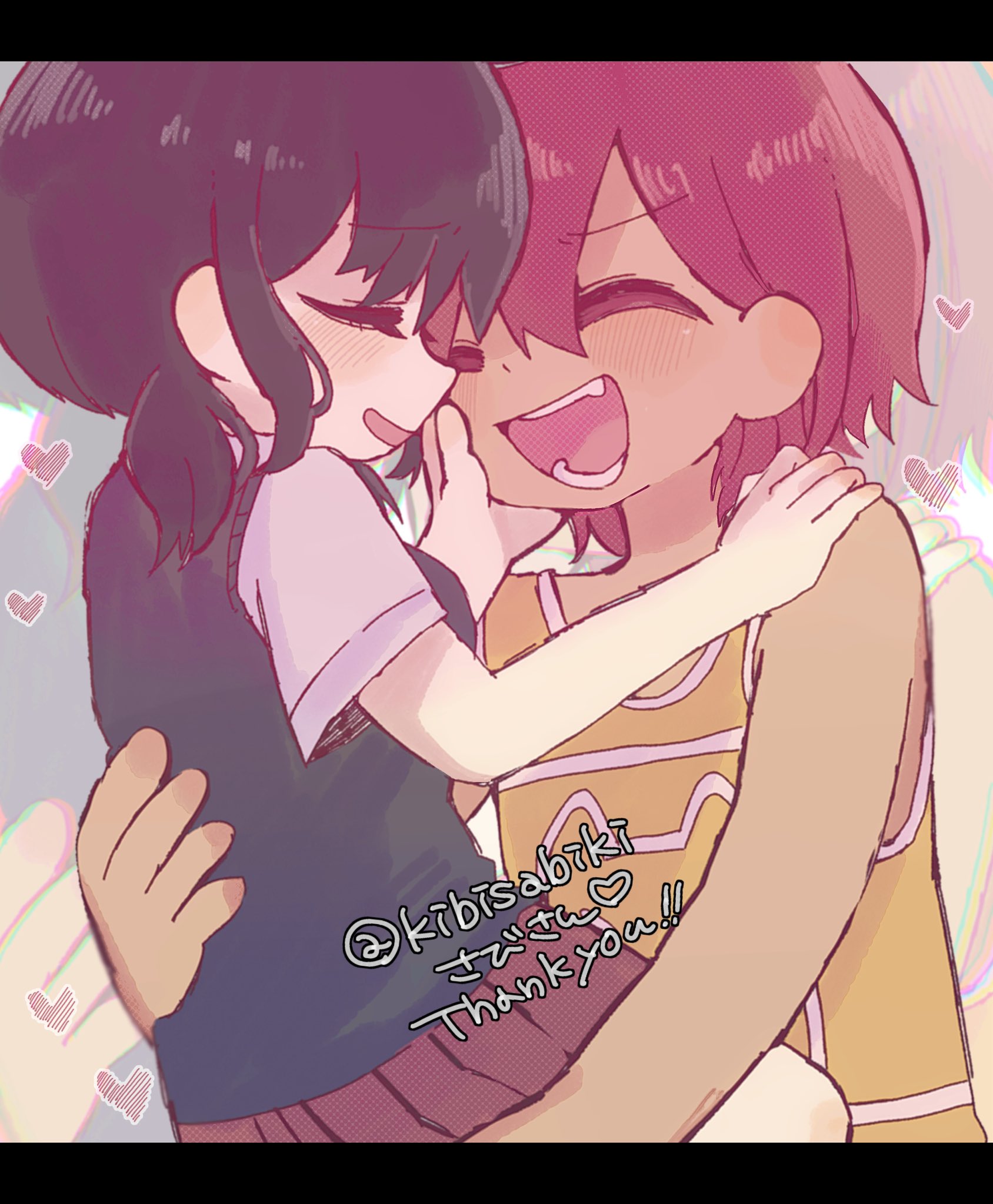mr0x0, kel (faraway) (omori), kel (omori), sunny (omori), omori, highres, 1boy, 1girl, black hair, black sweater vest, blush, brown hair, closed eyes, dark-skinned male, dark skin, double-parted bangs, genderswap, genderswap (mtf), hair between eyes, hand on another's cheek, hand on another's face, hand on another's shoulder, low twintails, open mouth, pleated skirt, red skirt, short twintails, skirt, smile, sweater vest, teeth, twintails