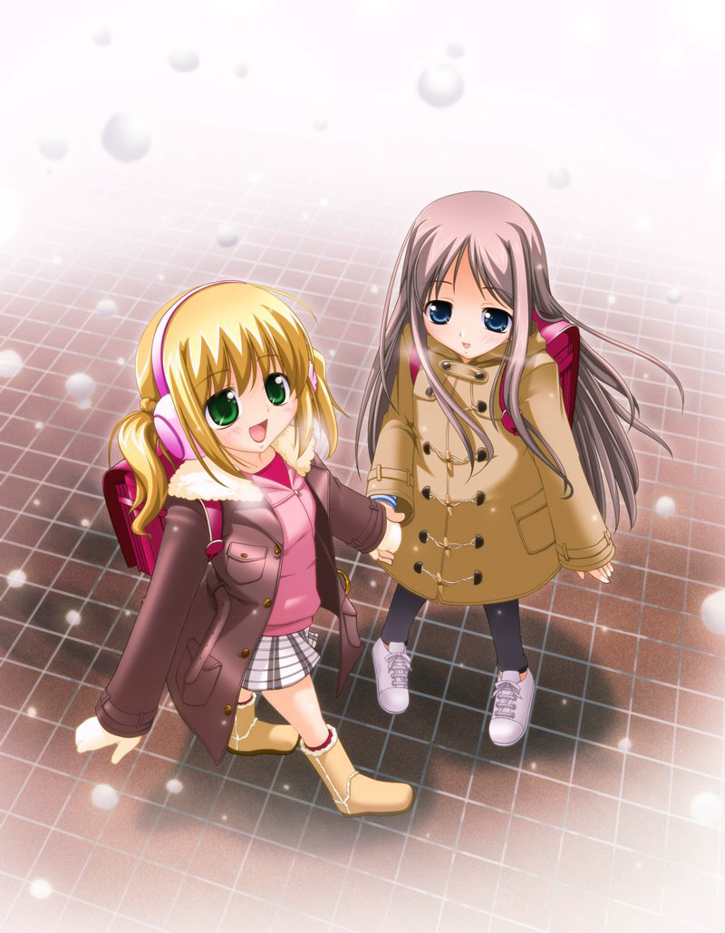 shiritsu sakuranbo shougakkou, ichinose kirara, nishimura chinatsu, kodomo no himitsu, 2girls, backpack, bag, blonde hair, blue eyes, green eyes, long hair, multiple girls, pink bag, randoseru, red bag, snowing, winter clothes