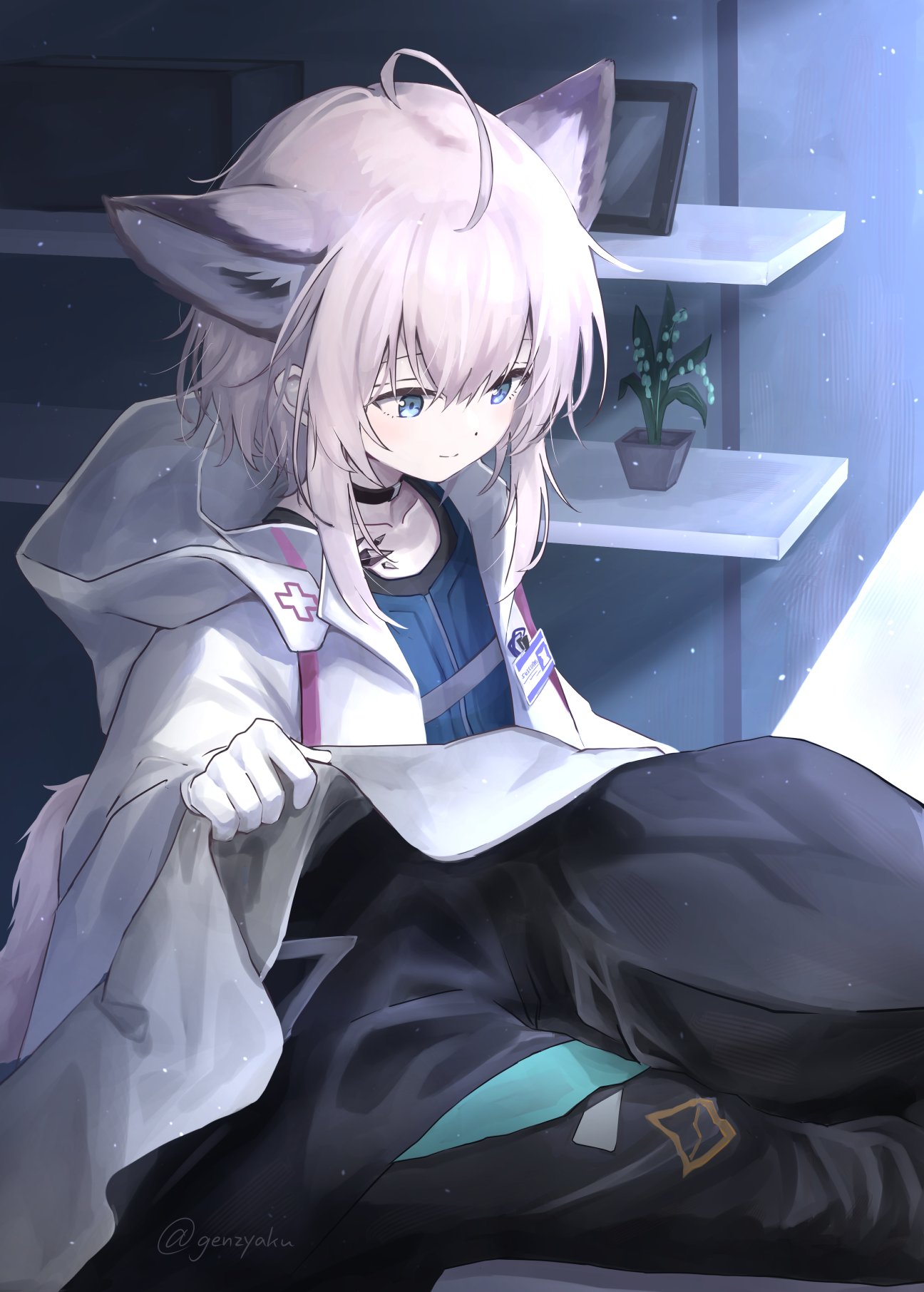 genjaku, doctor (arknights), sussurro (arknights), arknights, highres, 1girl, 1other, ahoge, ambiguous gender, animal ears, black choker, blue eyes, blue shirt, choker, closed mouth, coat, extra ears, fox ears, fox girl, gloves, hood, indoors, jacket, lab coat, material growth, oripathy lesion (arknights), pink hair, plant, shirt, short hair, white coat, white gloves