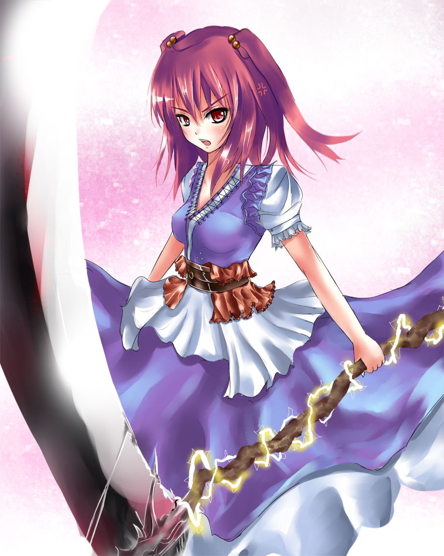 demonk, onozuka komachi, touhou, 1girl, alternate weapon, angry, breasts, female focus, hair bobbles, hair ornament, medium breasts, red eyes, red hair, scythe, short hair, solo, twintails, two side up, weapon