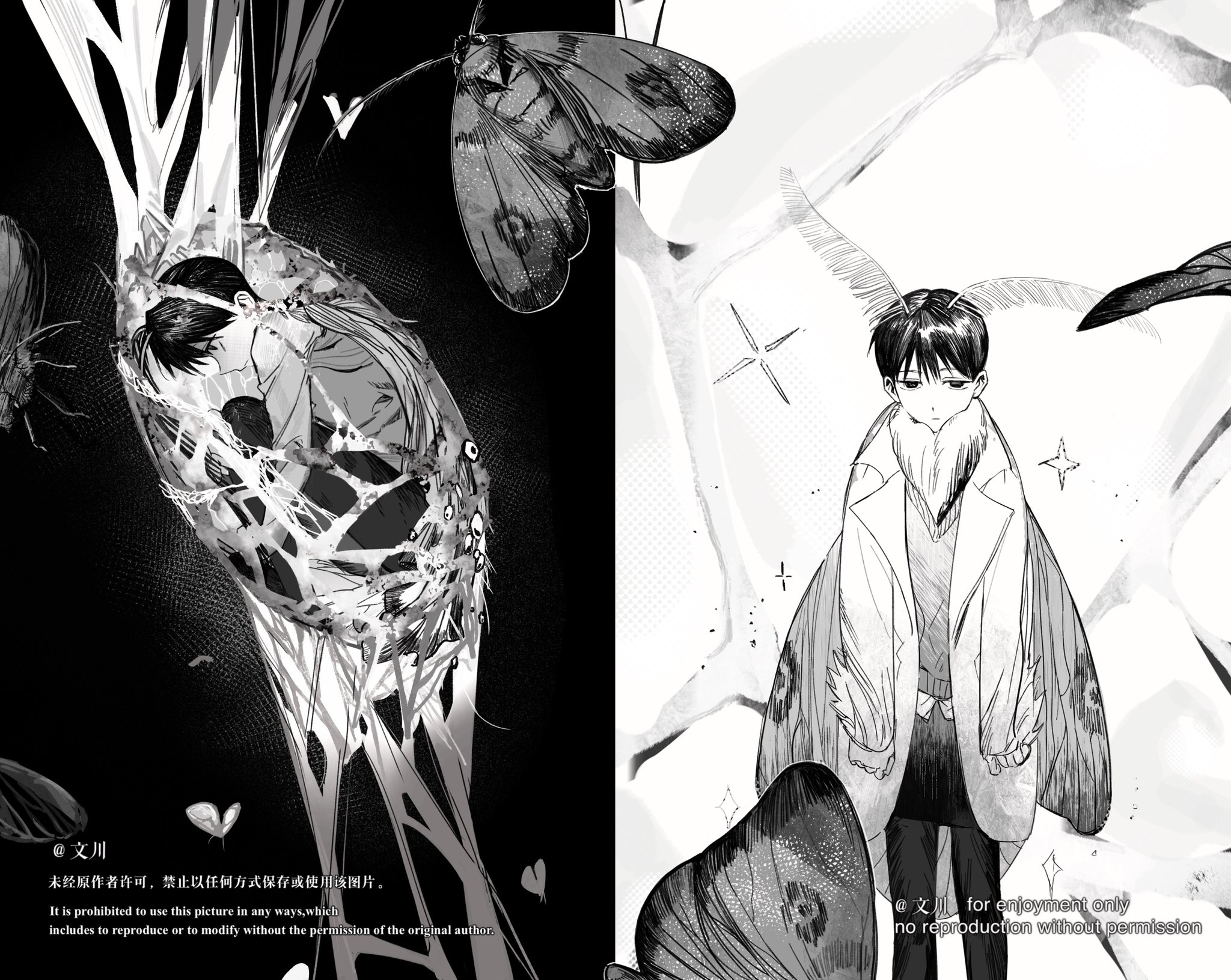 kim dokja, oldest dream, omniscient reader's viewpoint, commentary, english commentary, highres, 2boys, alternate costume, antennae, before and after, black hair, bug, coat, cocoon, curled up, entangled, exhausted, full body, grey vest, greyscale, insect, kemonomimi mode, knees up, male focus, monochrome, moth, multiple boys, nicayuko, short hair, sparkle, split screen, standing, vest, white coat, wide-eyed