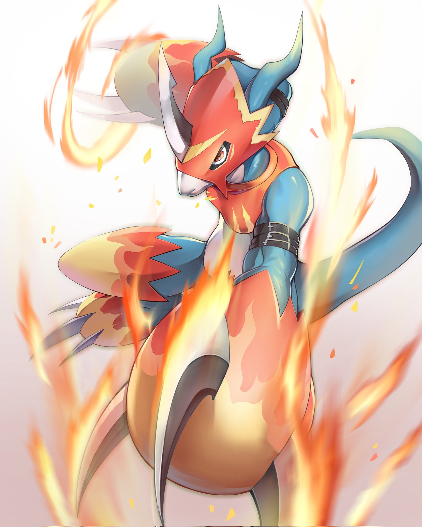 mk.sweet, fladramon, digimon, highres, armor, digimon (creature), dragon, fire, full body, gradient background, helmet, horns, red armor, red eyes, red helmet, simple background, single horn, solo, white background