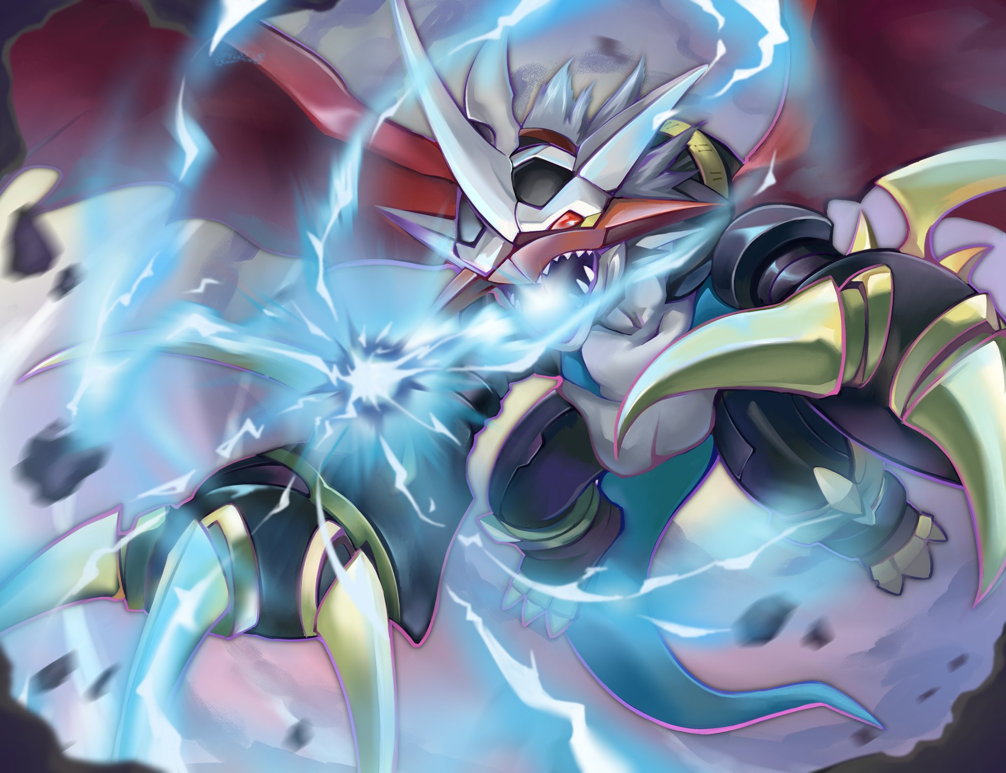 mk.sweet, imperialdramon, imperialdramon dragon mode, digimon, highres, debris, digimon (creature), dragon, electricity, full body, horns, open mouth, sharp teeth, solo, teeth, white hair