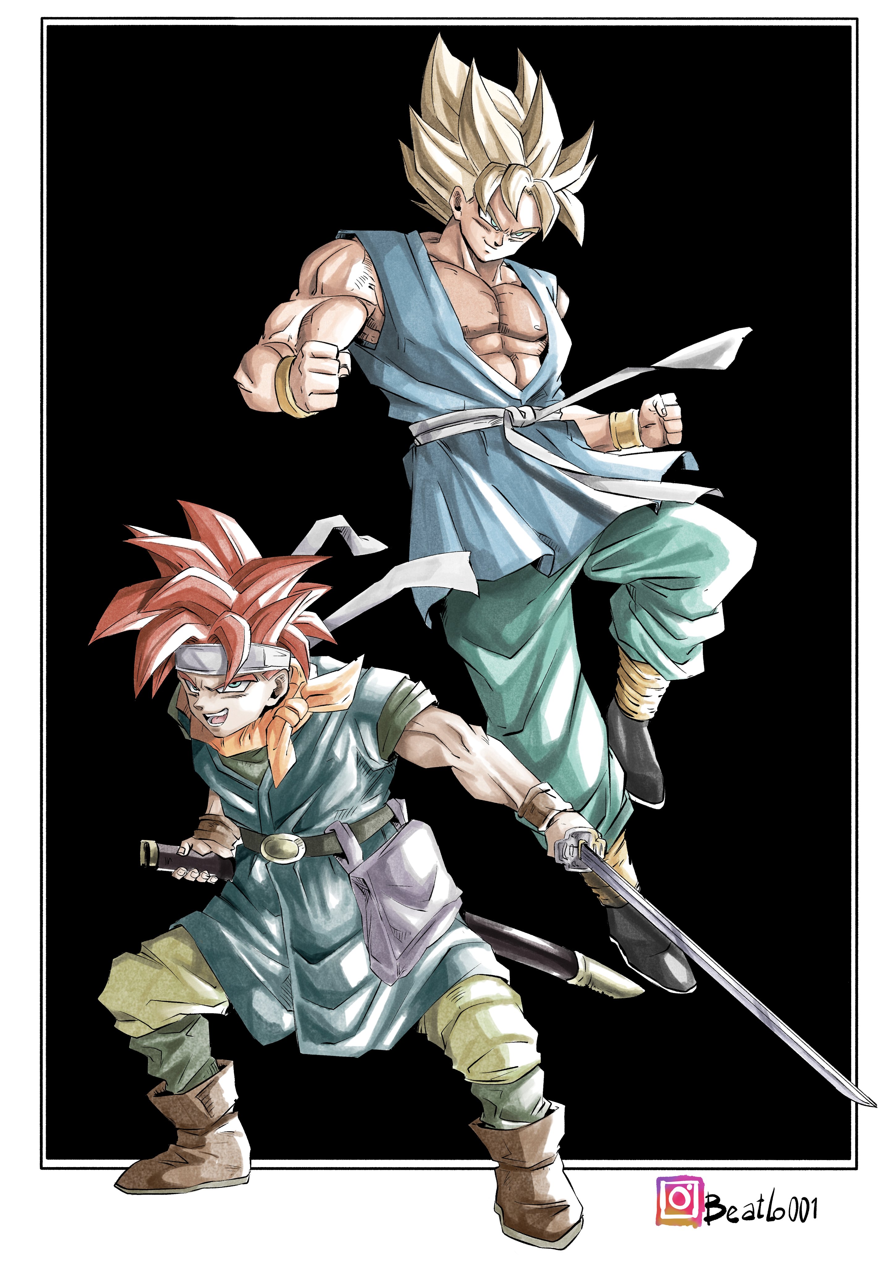 beatlo (rodrigo38658978), crono (chrono trigger), son goku, chrono trigger, dragon ball, absurdres, highres, 2boys, black background, blonde hair, blue eyes, blue pants, blue tunic, border, creator connection, crossover, green eyes, holding, holding sword, holding weapon, katana, male focus, multiple boys, muscular, muscular male, pants, red hair, simple background, spiked hair, super saiyan, super saiyan 1, sword, tunic, weapon, white border