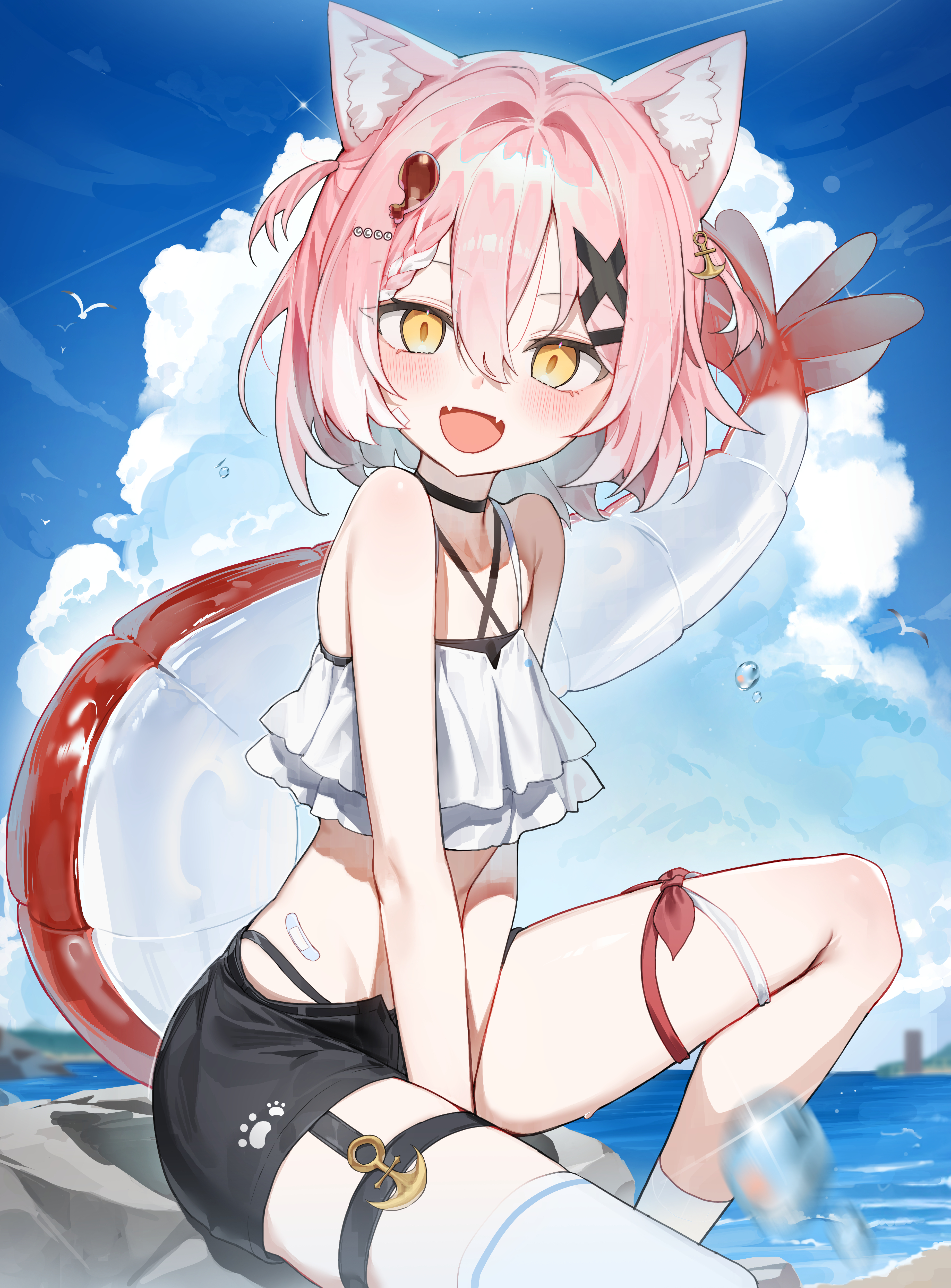 huu (dighapdlxm12), indie virtual youtuber, absurdres, commentary, commission, highres, pixiv commission, symbol-only commentary, 1girl, :d, animal ears, bandaid, black shorts, blue sky, cat ears, cloud, day, fangs, hair ornament, looking at viewer, open mouth, outdoors, pink hair, puri (vtuber), short hair, short shorts, shorts, single sock, single thighhigh, sitting, sky, smile, socks, solo, tail, thighhighs, virtual youtuber, white socks, white thighhighs, x hair ornament, yellow eyes