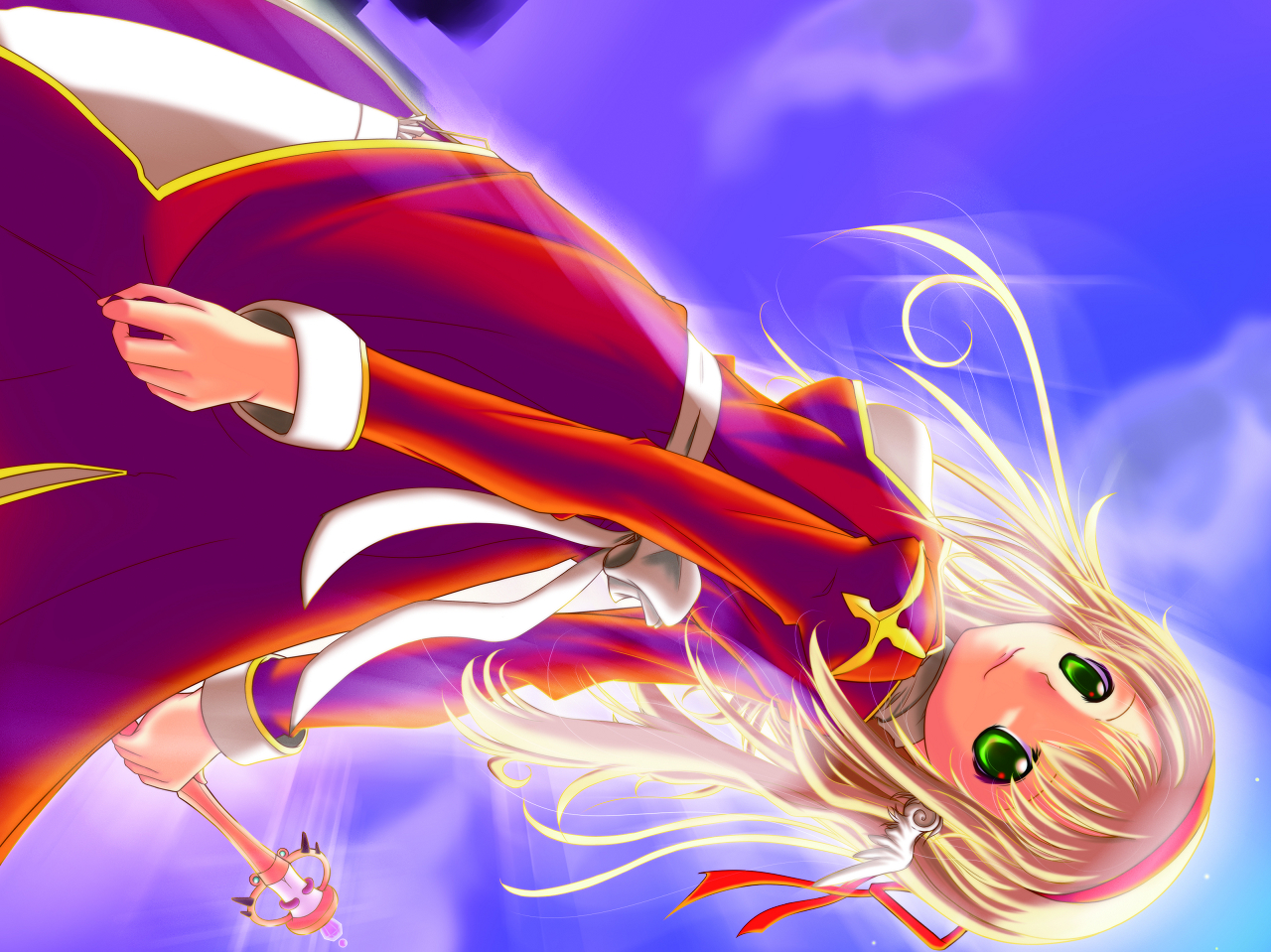 kaisu, high priest (ragnarok online), ragnarok online, commentary request, 1girl, 2000s (style), blonde hair, blue sky, closed mouth, cowboy shot, dress, green eyes, holding, holding staff, juliet sleeves, long hair, long sleeves, looking at viewer, puffy sleeves, red dress, sash, sideways, sky, smile, solo, staff, white sash