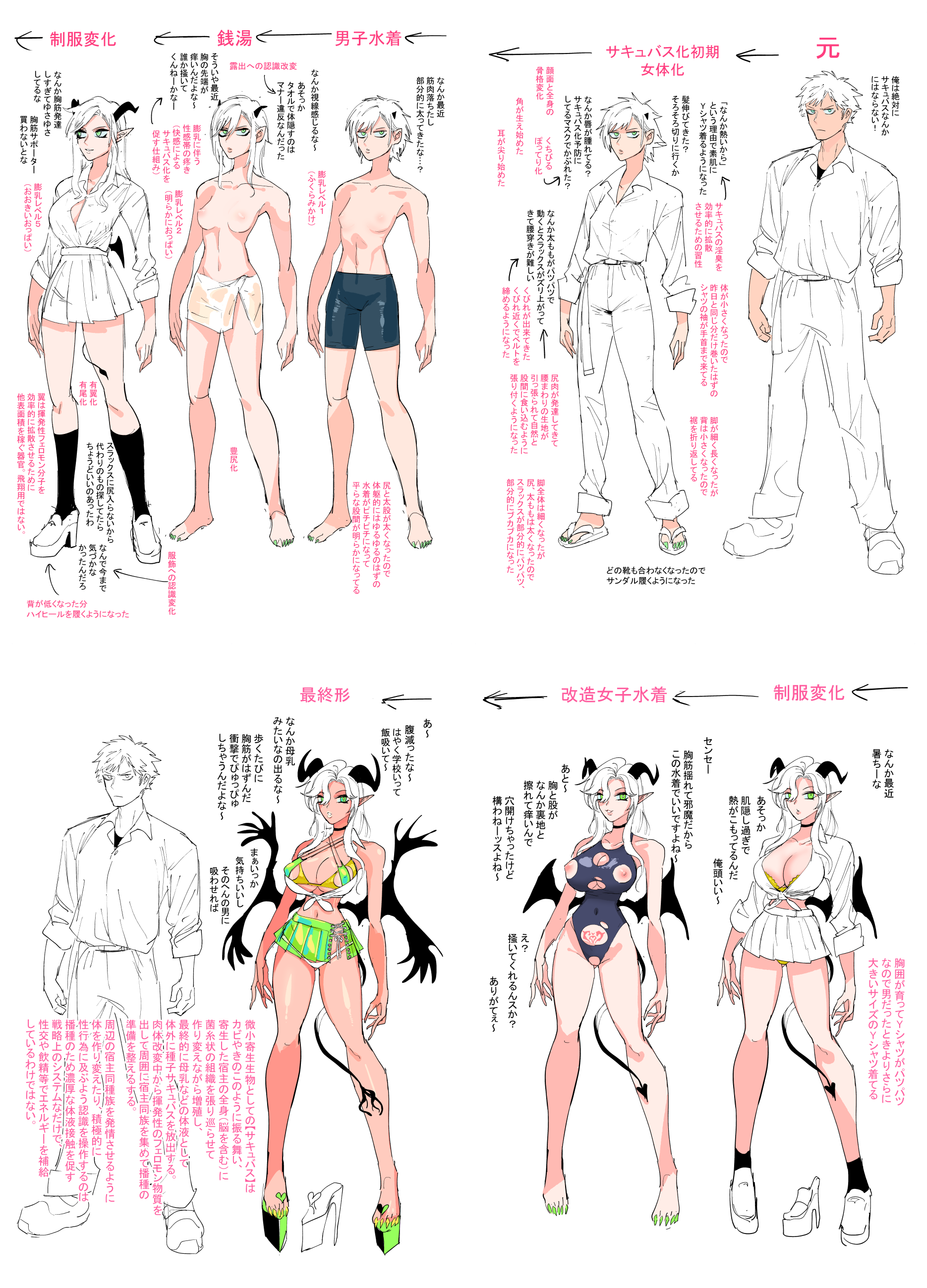 mado (mukade tou), original, absurdres, commentary request, highres, translation request, 1boy, 1girl, ass expansion, before and after, bimbofication, breast expansion, breasts, change in common sense, choker, cleavage, corruption, demon girl, demon horns, demon tail, demon wings, expressionless, genderswap, genderswap (mtf), green eyes, growing hair, happy, high heels, horns, large breasts, long hair, medium breasts, medium hair, mini wings, miniskirt, pants, pointy ears, reference sheet, sandals, sequential, shirt, short hair, sketch, skirt, small breasts, small horns, standing, tail, tan, tattoo, transformation, wings