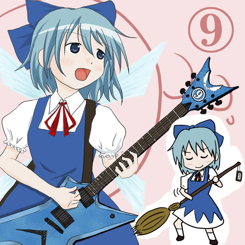 satsu chian, cirno, touhou, bad id, bad pixiv id, 1girl, blue eyes, blue hair, broom, circled 9, dress, female focus, guitar, imagining, instrument, multiple views, music, star (guitar), unconventional guitar