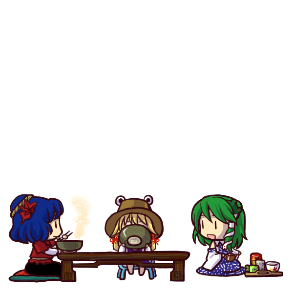 socha, kochiya sanae, moriya suwako, yasaka kanako, touhou, 3girls, blonde hair, blue hair, bowl, can, chair, chibi, chopsticks, eating, female focus, food, green hair, hair ornament, hat, kneeling, multiple girls, pillow, simple background, steam, table, | |