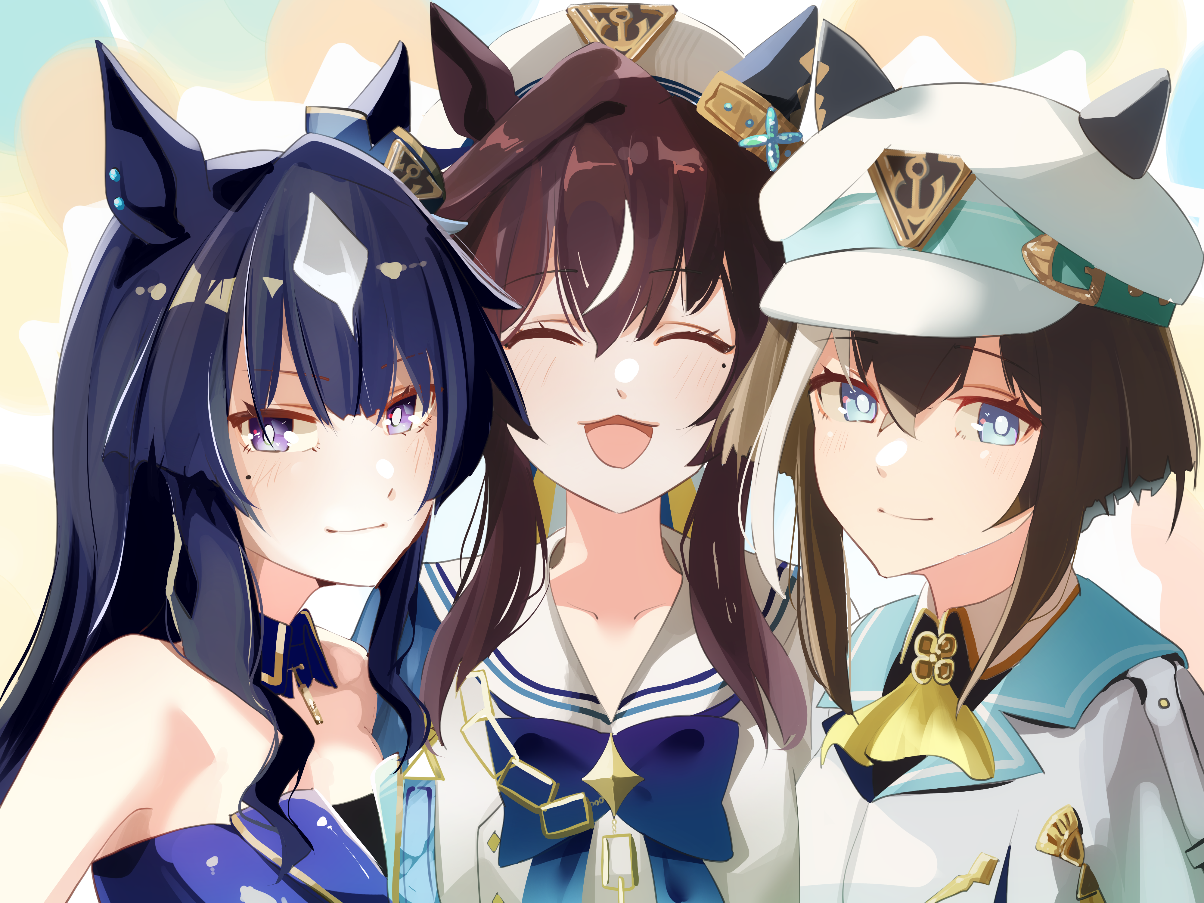 yoojp, cheval grand (grand itineraire) (umamusume), cheval grand (umamusume), verxina (le beau sommet) (umamusume), verxina (umamusume), vivlos (umamusume), vivlos (voyage etincelant) (umamusume), umamusume, absurdres, commentary request, highres, 3girls, :3, ascot, asymmetrical clothes, black hair, blue bow, blue bowtie, blue eyes, blue hair, blush, bow, bowtie, bright pupils, brown hair, closed eyes, closed mouth, ear ornament, hat, long hair, looking at viewer, mole, mole under eye, multiple girls, open mouth, purple eyes, sailor collar, shirt, short hair, short hair with long locks, sidelocks, v sisters, white hair, white hat, white pupils, white sailor collar, white shirt, white streaks, yellow ascot