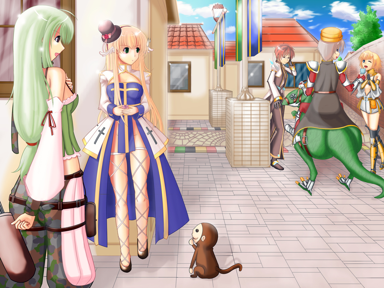 kaisu, arch bishop (ragnarok online), ferus (ragnarok online), mechanic (ragnarok online), ranger (ragnarok online), rune knight (ragnarok online), warlock (ragnarok online), ragnarok online, commentary request, 1girl, 2000s (style), 2boys, 3girls, banner, black gloves, blonde hair, blue dress, blue sky, breasts, brown hat, brown shoes, camouflage, camouflage shorts, cape, city, cleavage cutout, clothing cutout, cloud, cross, cross print, detached sleeves, dress, fishnet thighhighs, fishnets, full body, gloves, green eyes, green hair, green shorts, green tube top, grey cape, grey hair, grey pants, hat, in-universe location, jumpsuit, lamppost, long hair, long sleeves, looking afar, medium breasts, mini hat, mini top hat, monkey, multiple boys, multiple girls, no panties, official alternate costume, outdoors, pants, pink hair, prototype design, quiver, red shirt, riding dragon, sash, shirt, shoes, shorts, sky, solo, standing, strapless, thighhighs, top hat, tree, tube top, two-tone dress, white dress, white jumpsuit, white sleeves, white thighhighs, yellow sash