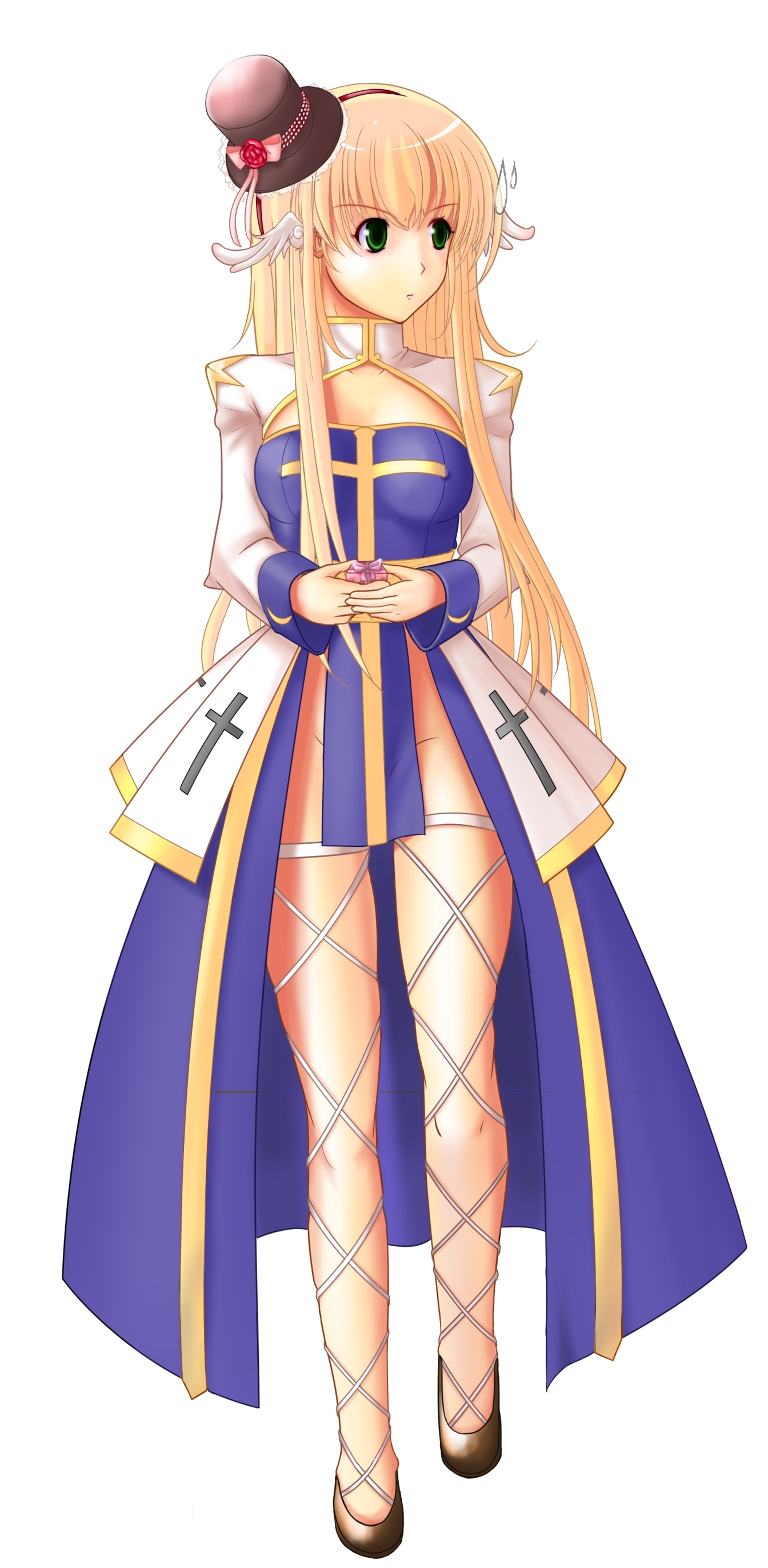 kaisu, arch bishop (ragnarok online), ragnarok online, absurdres, commentary request, highres, 1girl, 2000s (style), blonde hair, blue dress, breasts, brown hat, brown shoes, cleavage cutout, clothing cutout, cross, cross print, dress, fishnet thighhighs, fishnets, full body, green eyes, hat, long hair, long sleeves, looking afar, medium breasts, mini hat, mini top hat, no panties, sash, shoes, simple background, solo, standing, thighhighs, top hat, two-tone dress, white background, white dress, white thighhighs, yellow sash