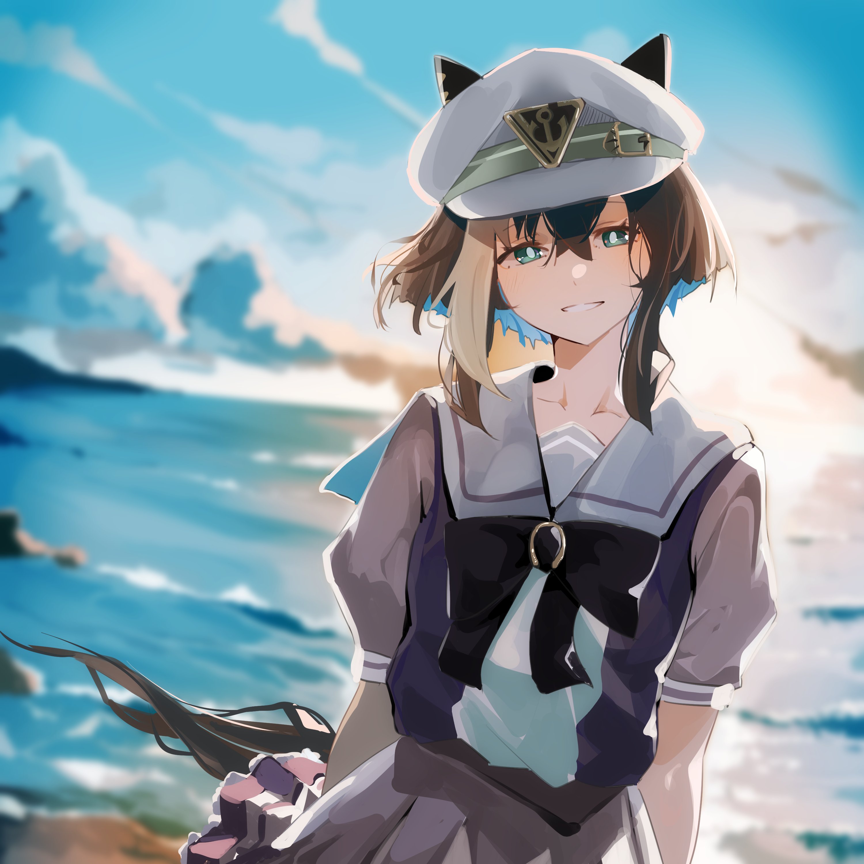 yoojp, cheval grand (umamusume), umamusume, absurdres, highres, 1girl, animal ears, black bow, black bowtie, blue eyes, bow, bowtie, brown hair, cloud, cloudy sky, ears under headwear, hair between eyes, hat, horse ears, horse girl, looking at viewer, mole, mole under eye, ocean, outdoors, peaked cap, sailor collar, school uniform, short hair, short hair with long locks, short sleeves, sidelocks, skirt, sky, smile, solo, tracen school uniform, white hat, white sailor collar, white skirt, white streaks