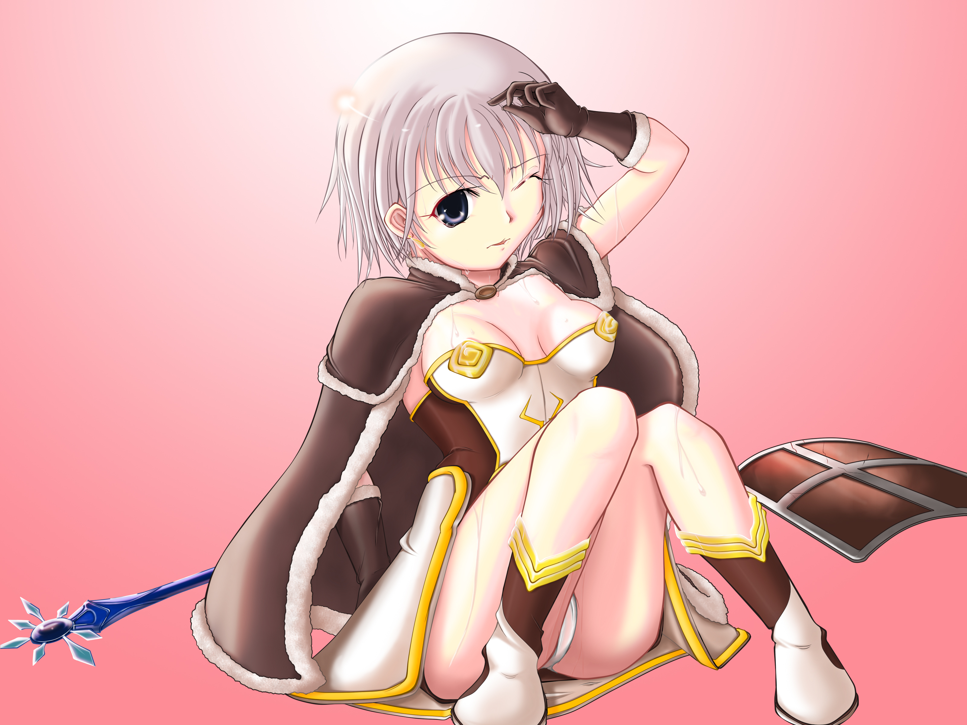 kaisu, high wizard (ragnarok online), ragnarok online, absurdres, commentary request, highres, 1girl, 2000s (style), arm up, blue eyes, boots, breasts, brown boots, brown cape, brown dress, brown gloves, cape, dress, full body, fur-trimmed cape, fur-trimmed gloves, fur trim, gloves, looking at viewer, medium breasts, multicolored boots, one eye closed, panties, pink background, short dress, short hair, sitting, solo, staff, strapless, strapless dress, sweat, two-tone boots, two-tone dress, underwear, white boots, white dress, white panties