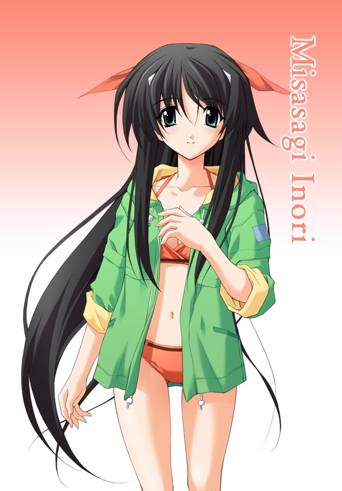 misasagi inori, memories off, non-web source, bikini, black hair, green eyes, hood, hoodie, jacket, long hair, open clothes, open jacket, orange bikini, sleeves rolled up, solo, swimsuit