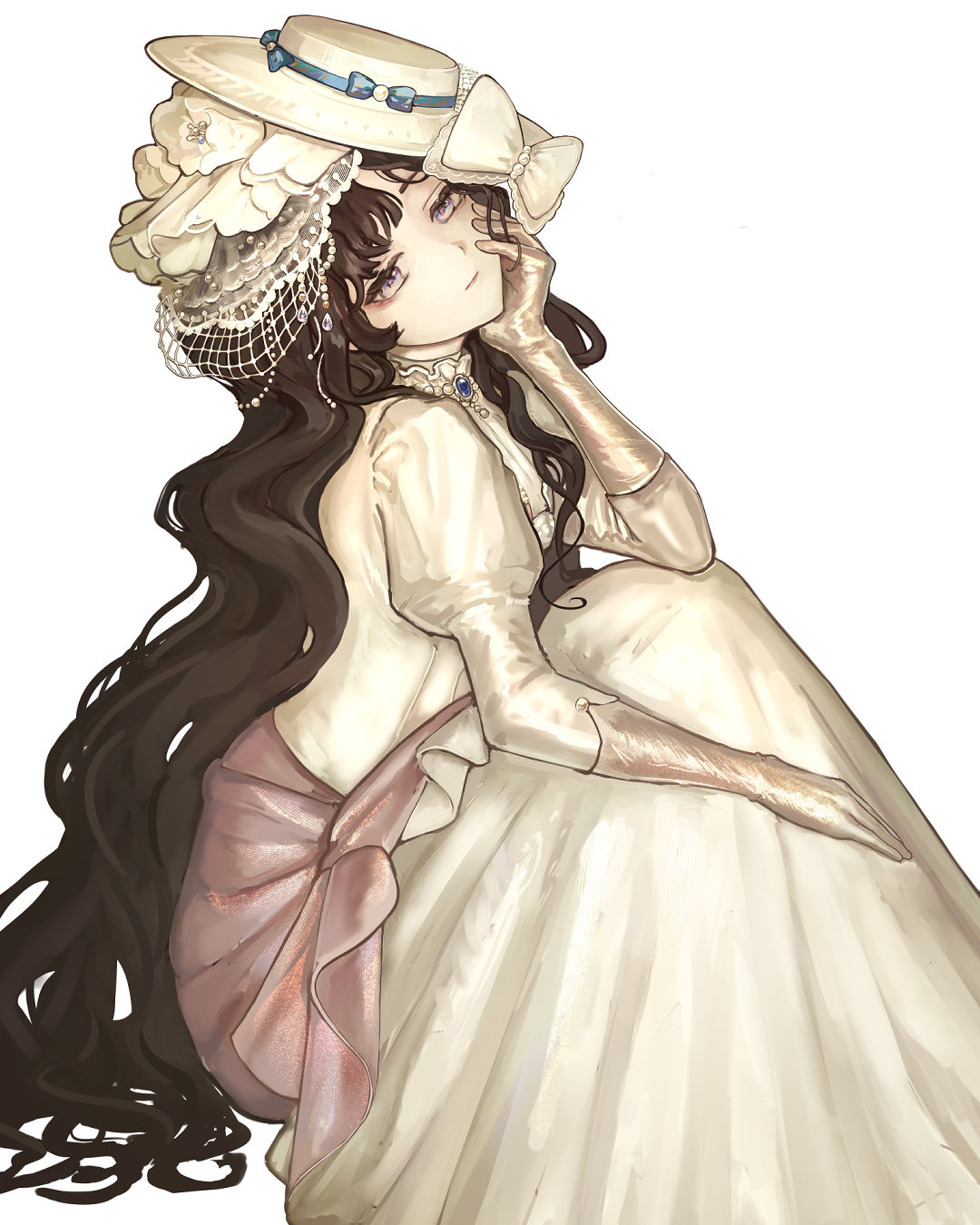axeloust, isolde (reverse:1999), reverse:1999, highres, 1girl, black hair, bow, closed mouth, dress, feet out of frame, from side, gloves, gown, hand on own cheek, hand on own face, hat, head tilt, juliet sleeves, knees up, long dress, long hair, long sleeves, on ground, puffy sleeves, purple eyes, sitting, smile, solo, tilted headwear, very long hair, wavy hair, white background, white bow, white dress, white hat, yellow gloves