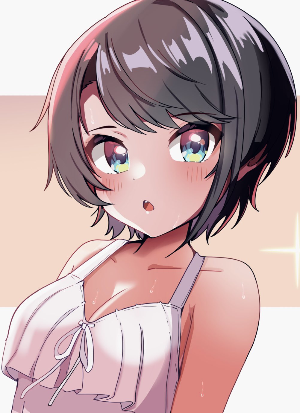 denebudd, oozora subaru, hololive, commentary request, highres, 1girl, black hair, blush, breasts, brown hair, cleavage, collarbone, dress, looking at viewer, medium breasts, open mouth, short hair, simple background, sleeveless, solo, summer, sundress, sweat, swept bangs, upper body, virtual youtuber