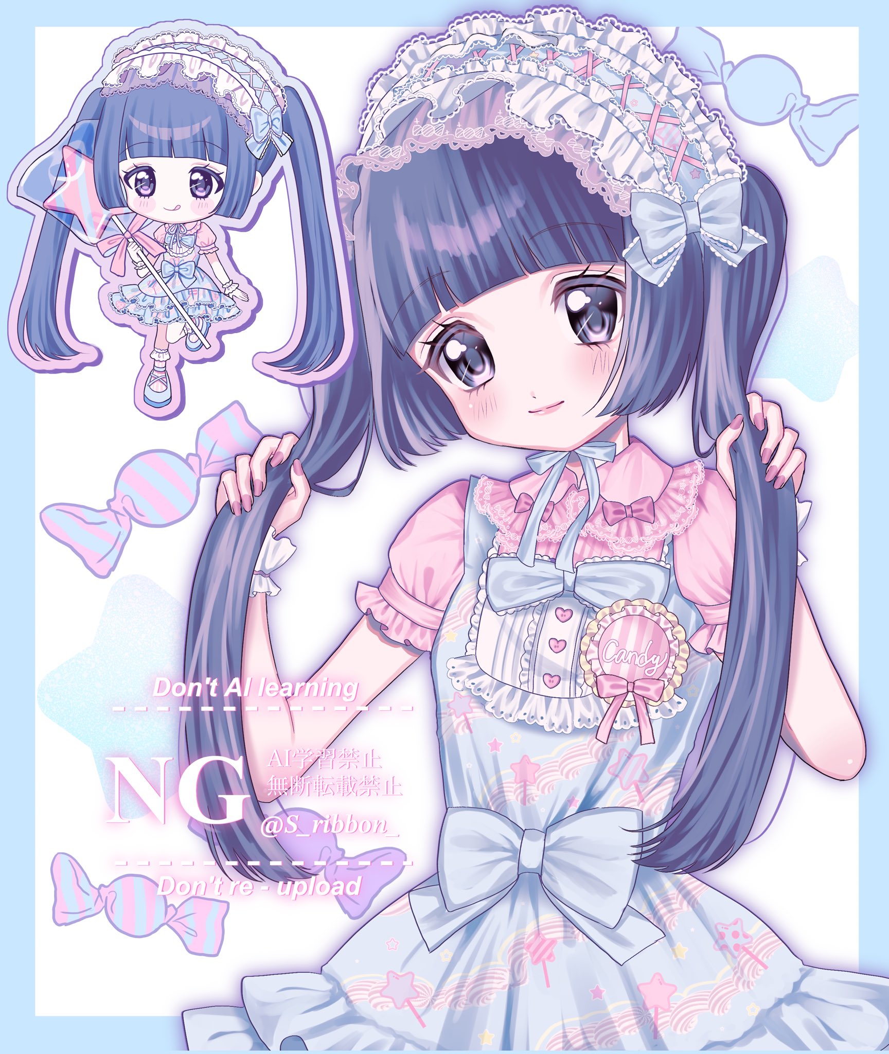 yuni (s ribbon), original, commentary, highres, symbol-only commentary, 1girl, accurate lolita coord, black hair, blouse, blue bow, blue dress, blunt bangs, blush, bow, candy, chibi, chibi inset, dress, fashion, food, hairband, holding, holding own hair, holding wand, lolita fashion, lolita hairband, lolita print, long hair, multiple views, pinafore dress, pink shirt, ribbon, shirt, short sleeves, sleeveless, sleeveless dress, star (symbol), star print, sweet lolita, twintails, wand, watermark