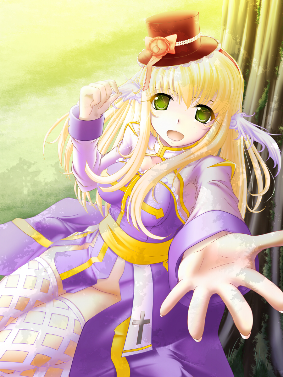 kaisu, arch bishop (ragnarok online), ragnarok online, commentary request, highres, 1girl, 2000s (style), blonde hair, breasts, brown hat, cleavage, cleavage cutout, clothing cutout, cowboy shot, dress, feathered wings, fishnet thighhighs, fishnets, green eyes, grey dress, hat, head wings, long hair, looking at viewer, medium breasts, no panties, open mouth, purple dress, sash, seiza, sitting, smile, solo, thighhighs, top hat, tree, two-tone dress, under tree, white thighhighs, white wings, wings, yellow sash